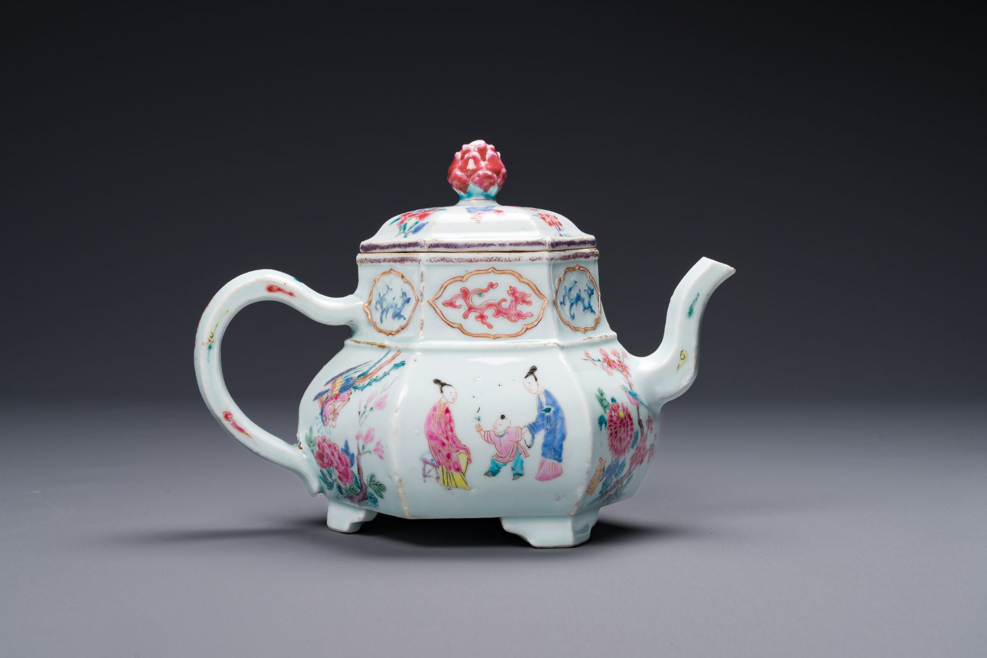 An exceptional large hexagonal Chinese famille rose teapot and cover, Yongzheng - Image 3 of 6