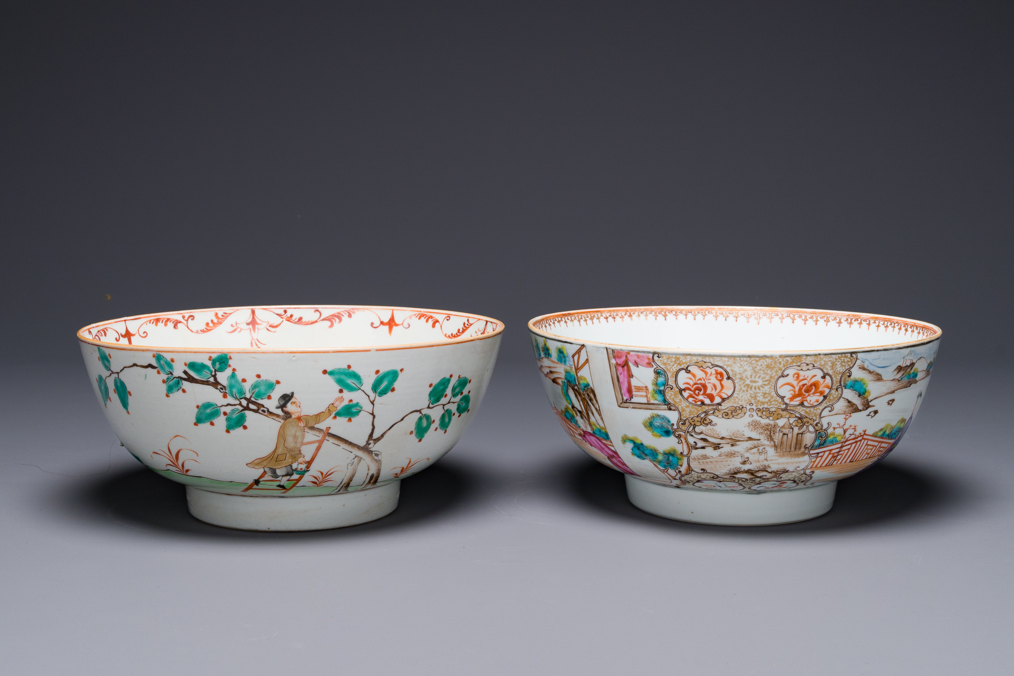 A Dutch-decorated Chinese bowl and a Canton famille rose 'mandarin subject' bowl, Qianlong - Image 2 of 8