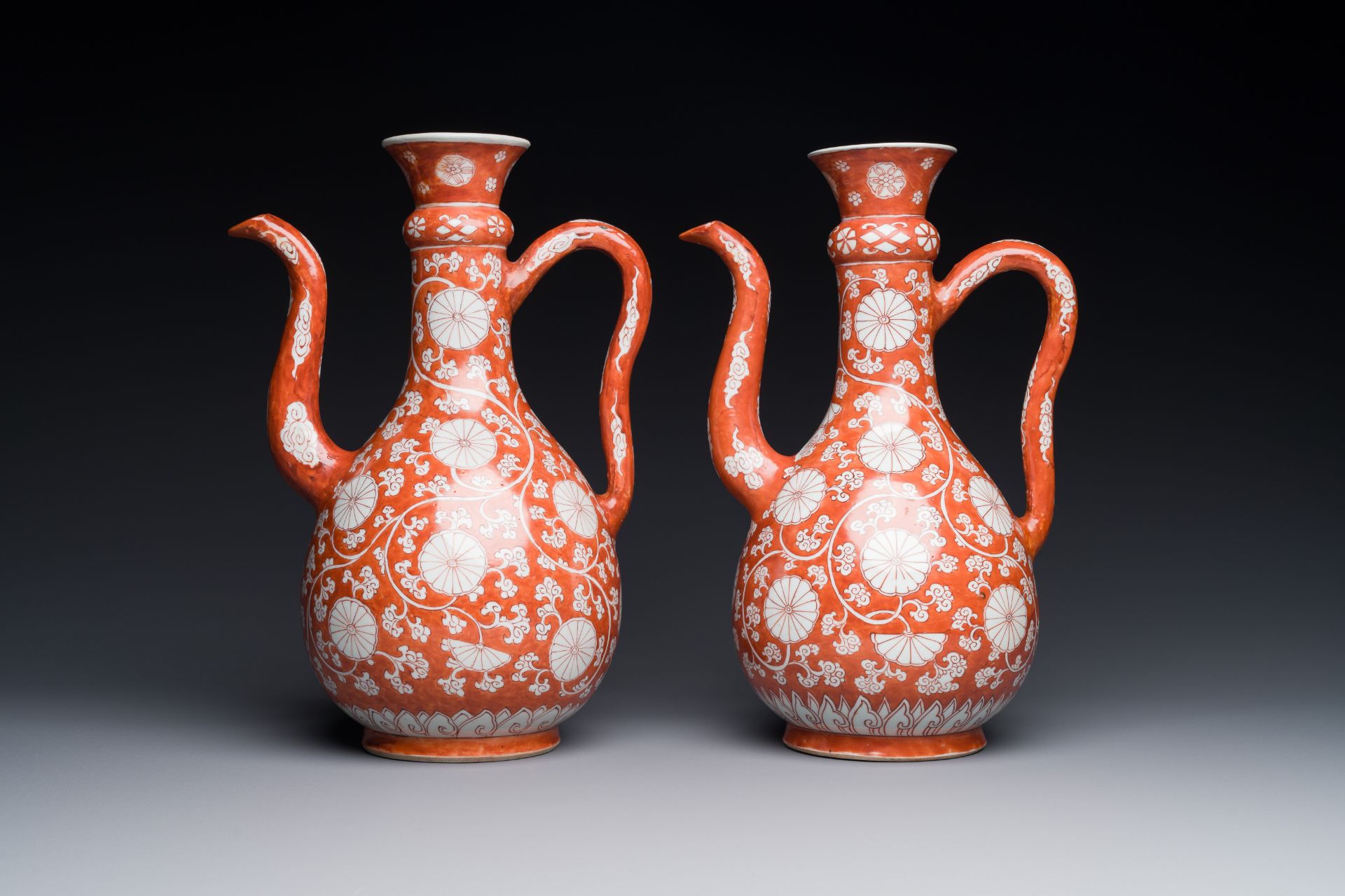 A pair of rare Chinese iron-red-enamelled 'chrysanthemum scroll' ewers, Kangxi - Image 2 of 7