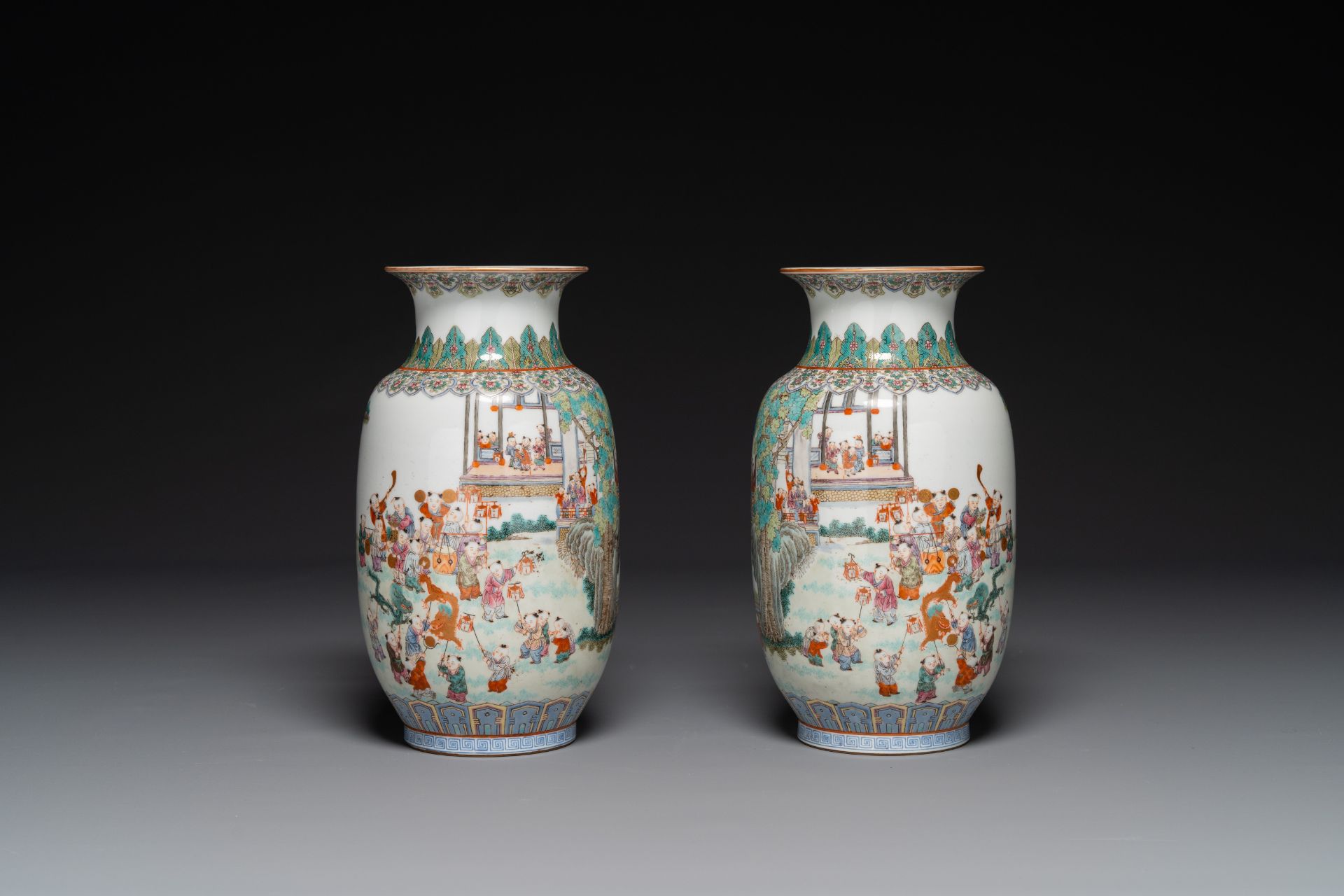 A pair of fine Chinese famille rose 'hundred boys' lantern-shaped vases, Yan Xi Tong He ç‡•å›åŒå’Œ