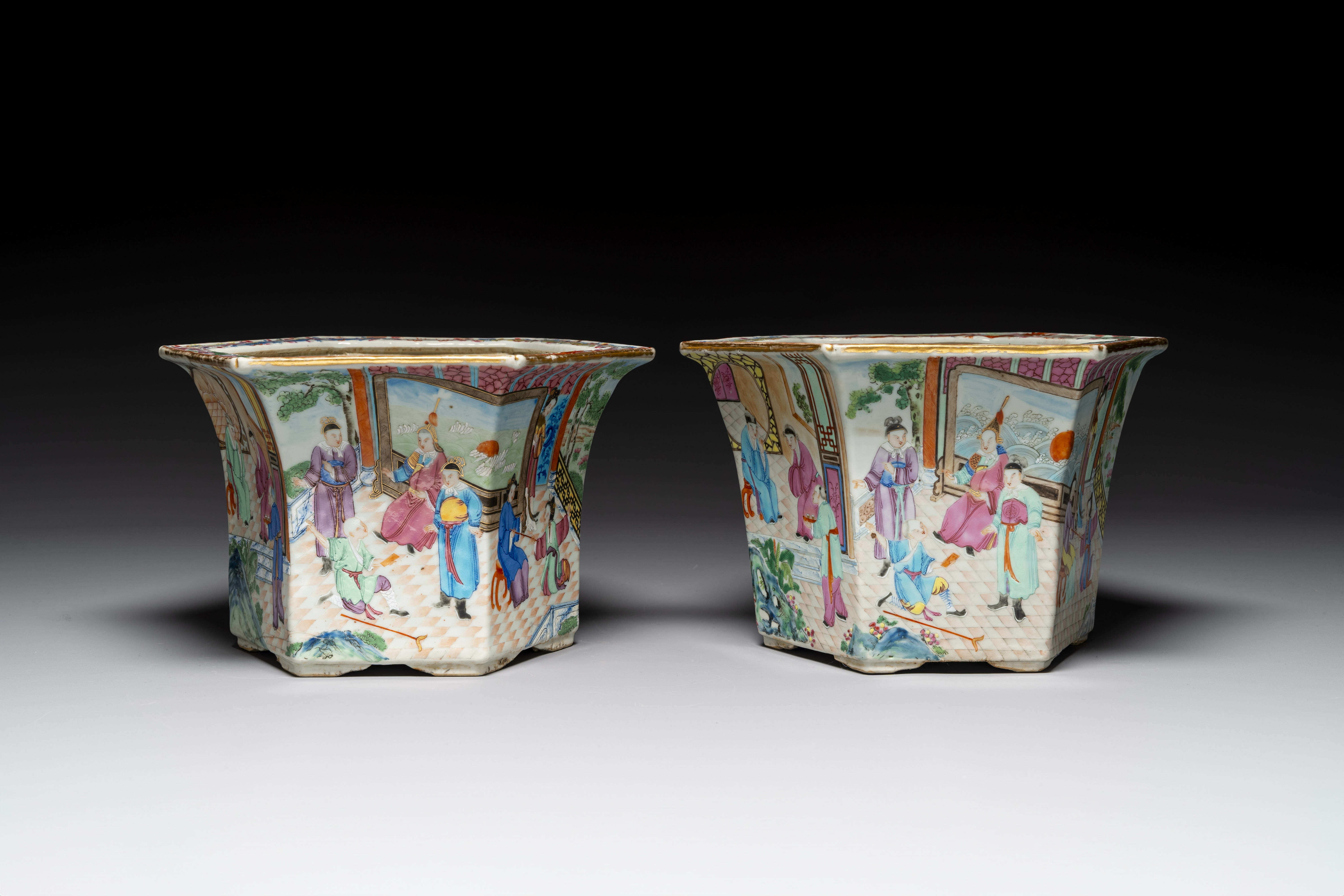 A pair of hexagonal Chinese Canton famille rose jardinieres on stands, 19th C. - Image 2 of 9