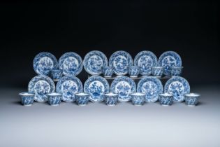 Twelve Chinese blue and white cups and saucers with floral design, jade mark, Kangxi