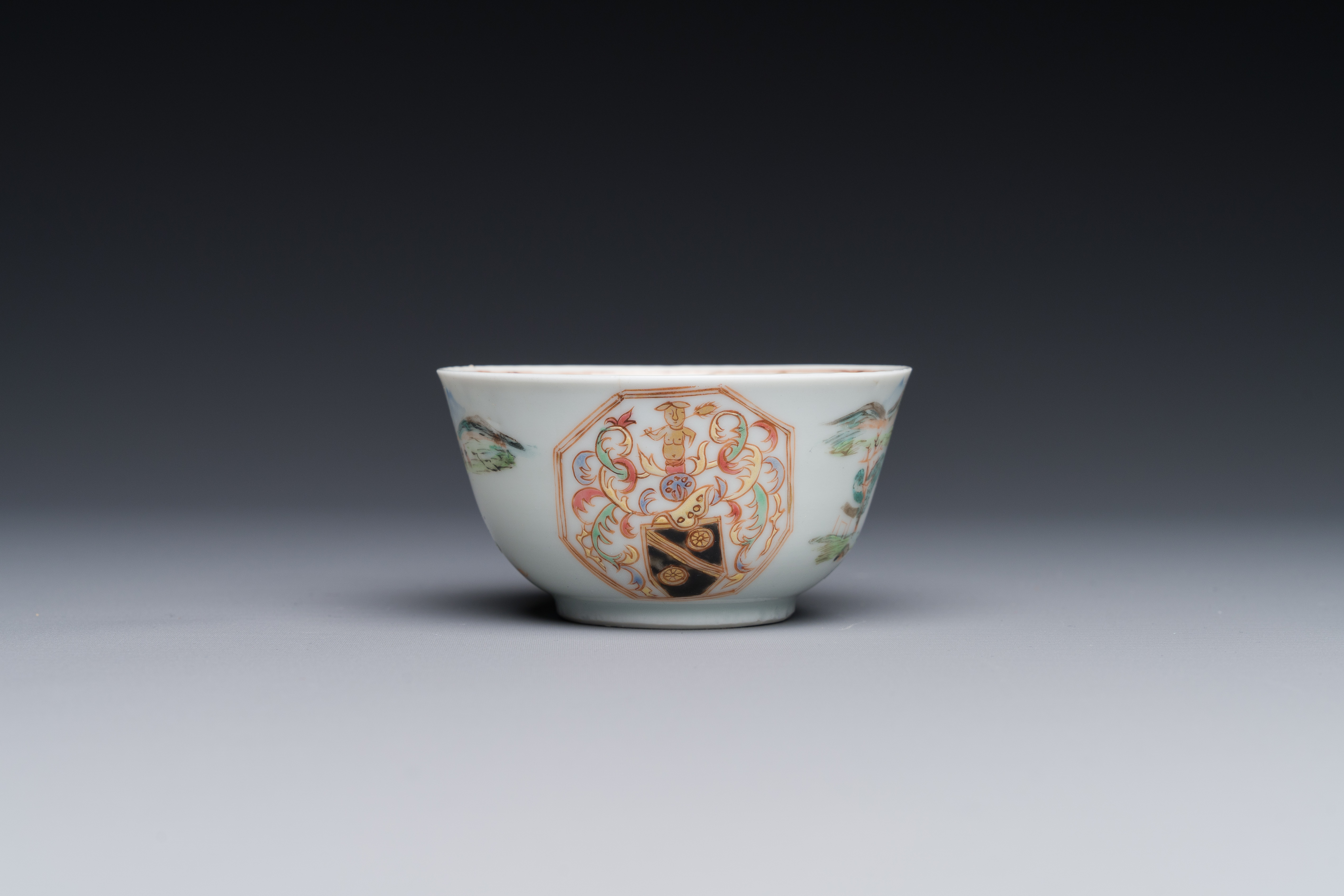 A Chinese famille rose cup and saucer with the arms of Beekman of Zeeland for the Dutch market, Yong - Image 5 of 6