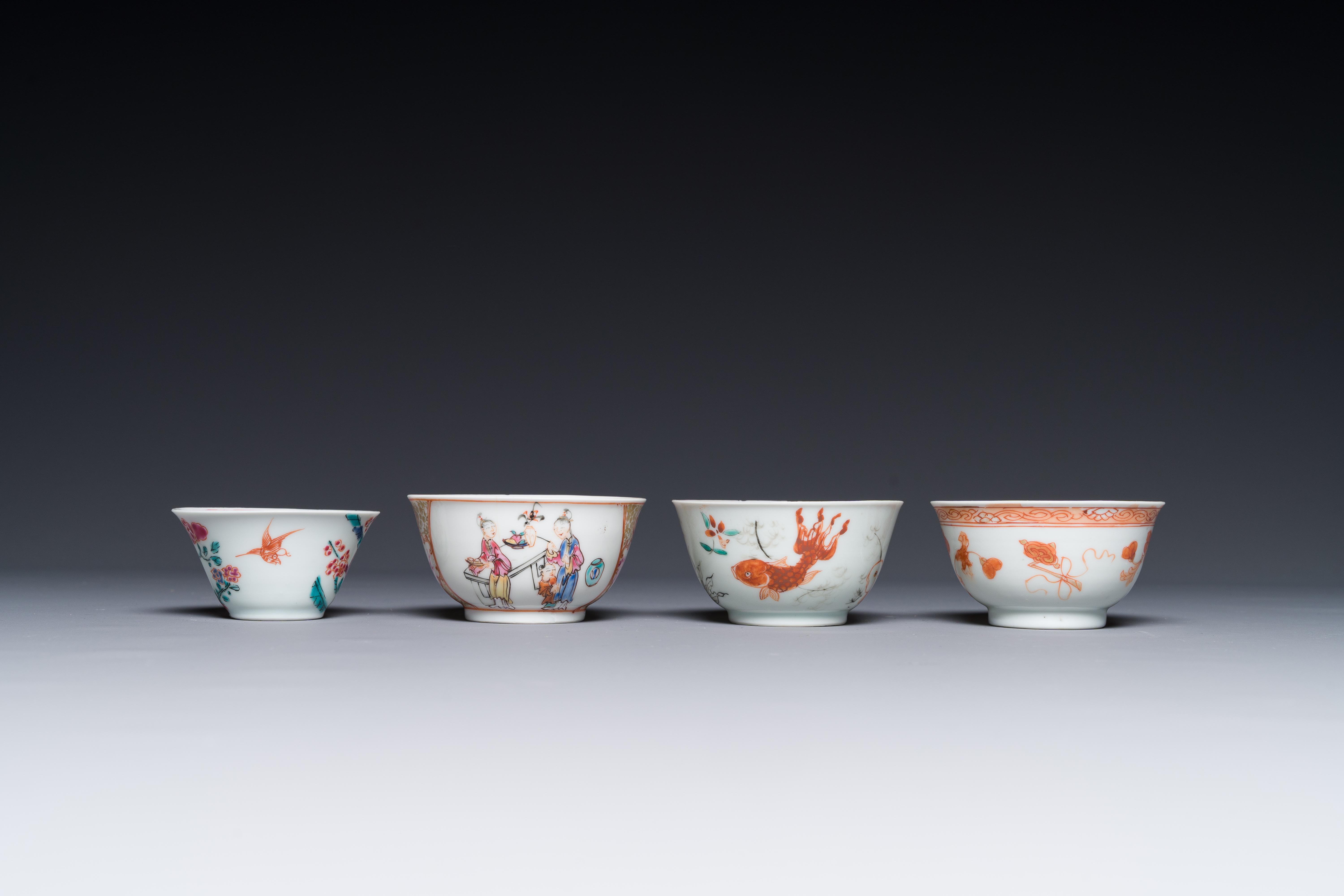 Four Chinese famille rose and iron-red cups and saucers, Yongzheng/Qianlong - Image 5 of 6