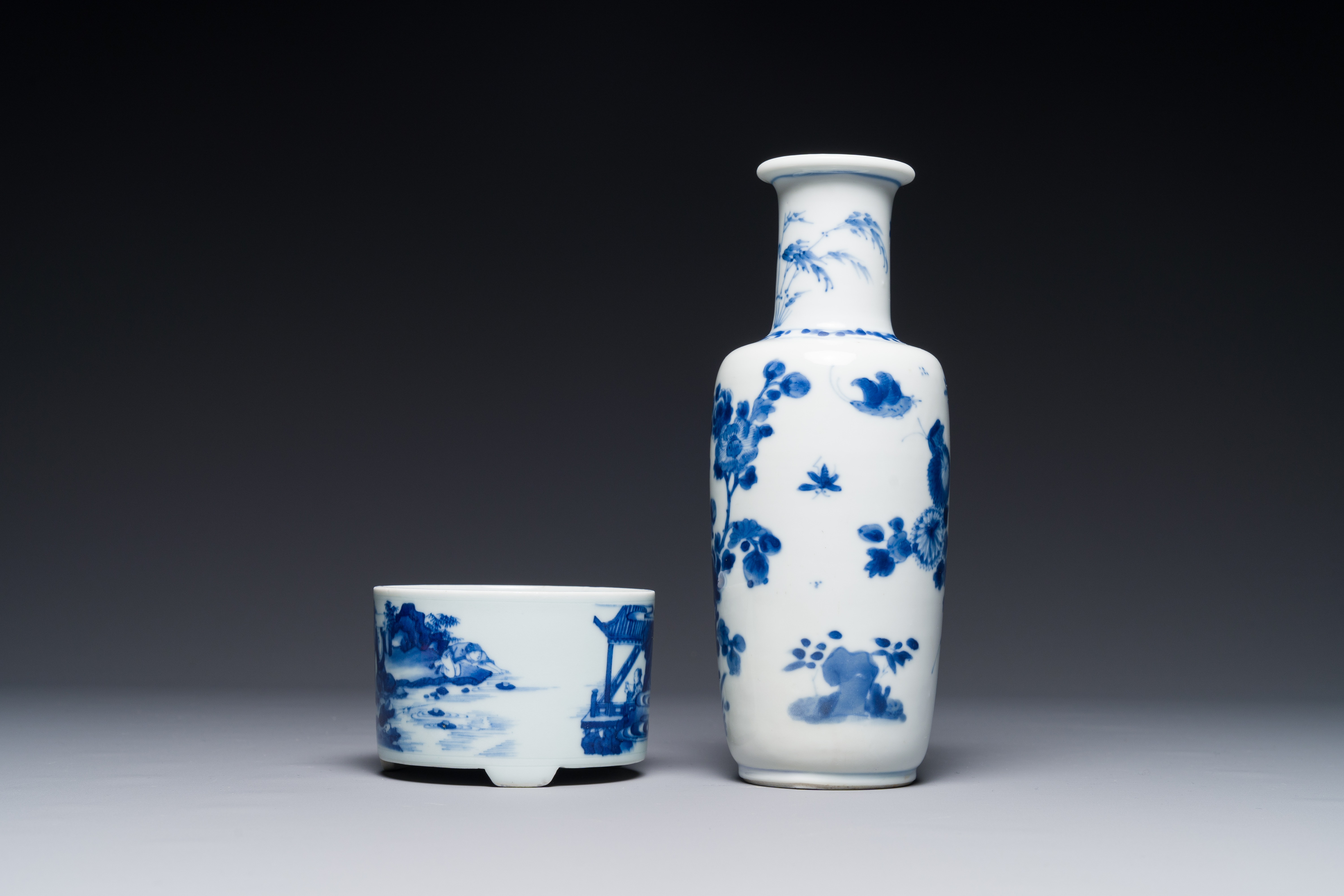 A Chinese blue and white rouleau vase and a tripod censer, Kangxi - Image 3 of 4