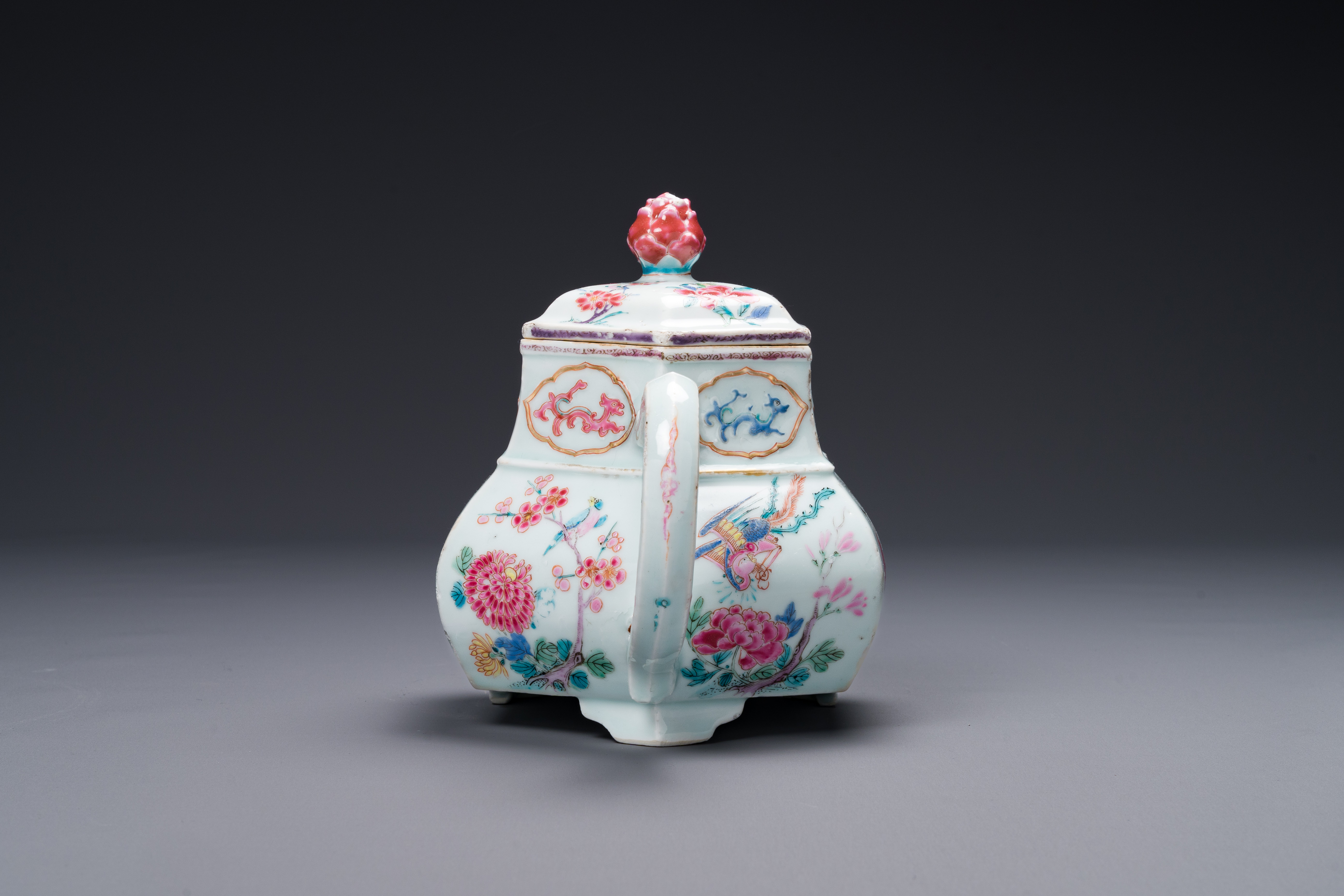 An exceptional large hexagonal Chinese famille rose teapot and cover, Yongzheng - Image 2 of 6