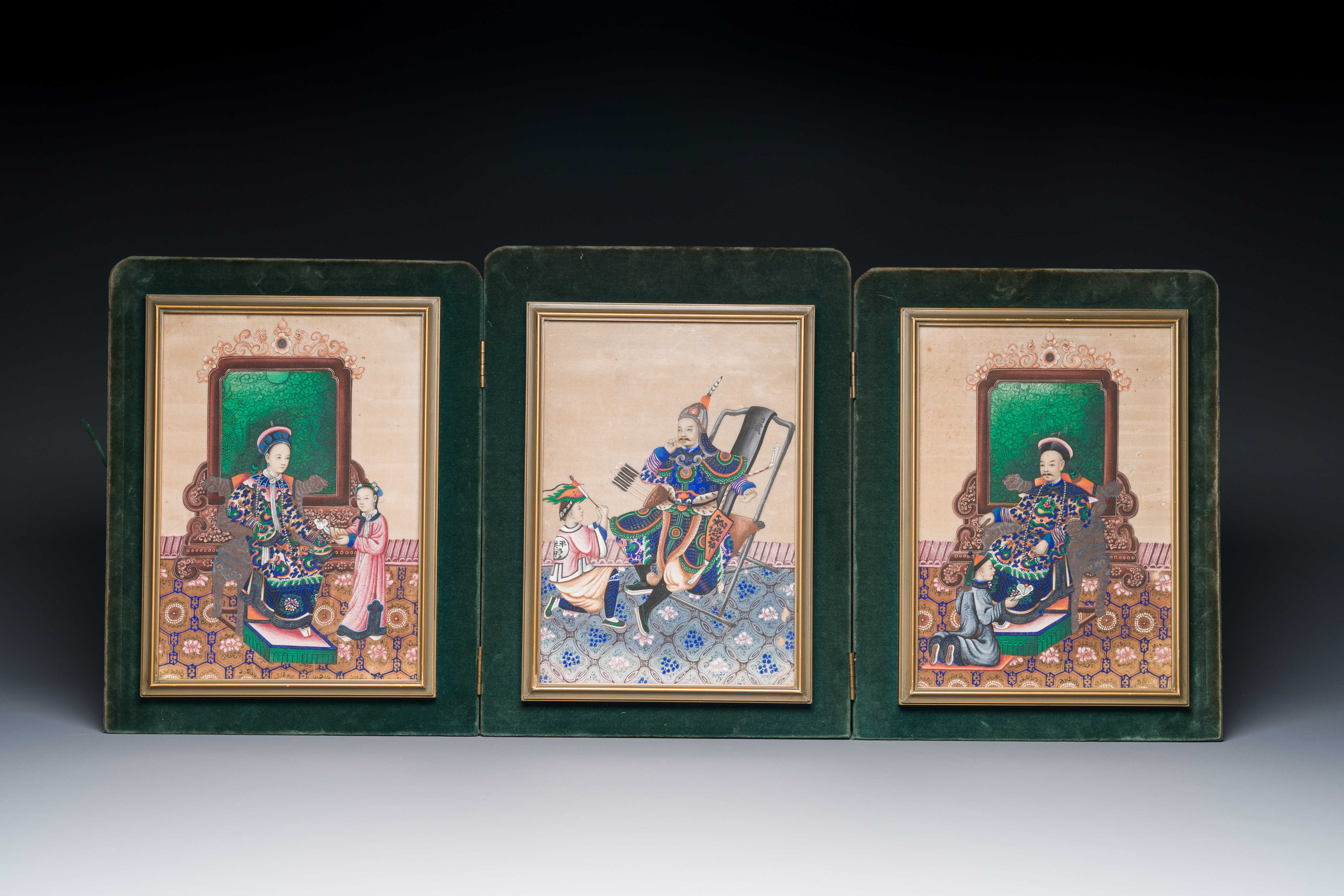 Three Chinese Canton rice paper paintings in a triptych frame, 19th C. - Image 2 of 6