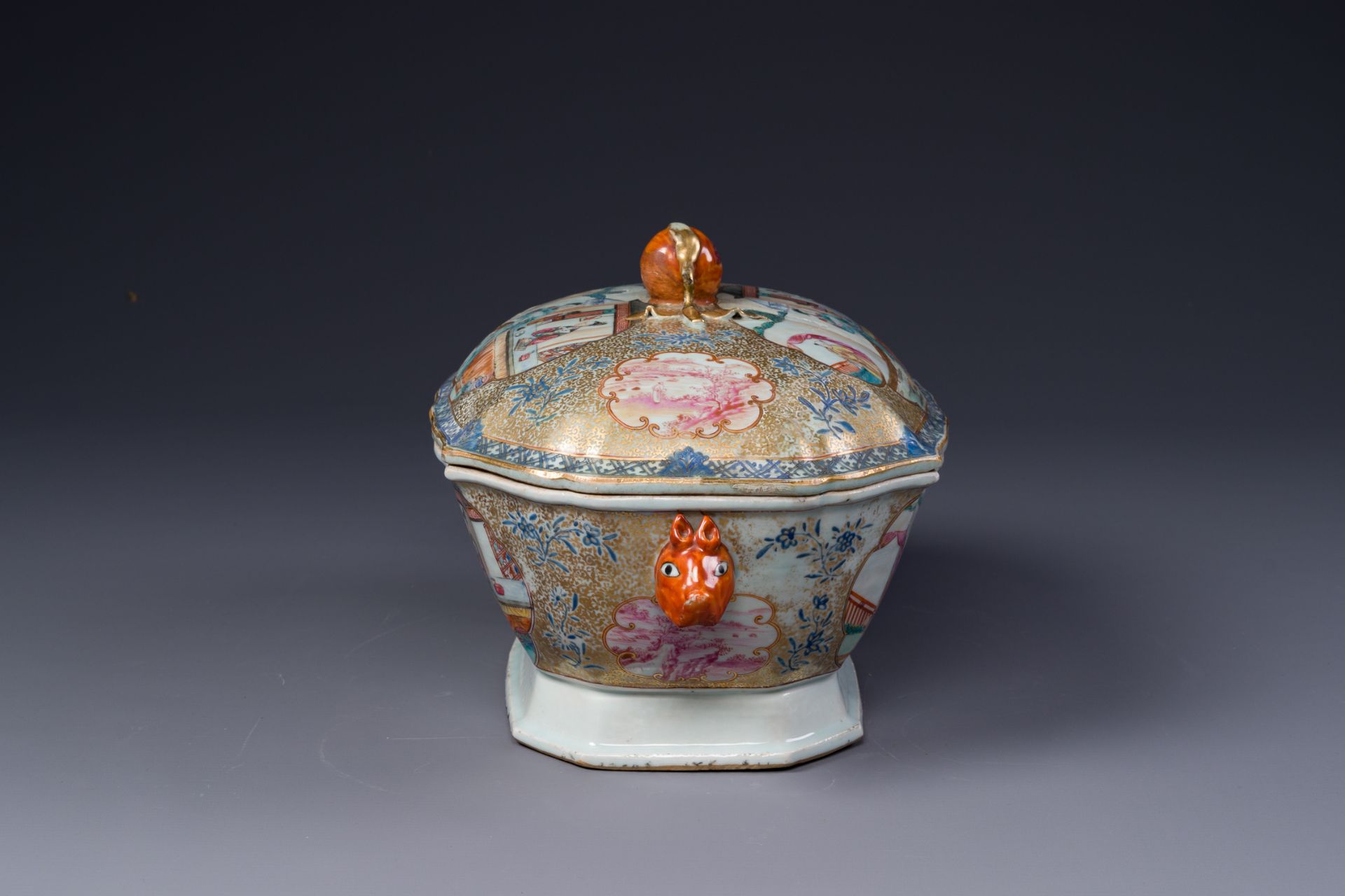 A Chinese Canton famille rose 'mandarin subject' tureen, cover and stand, Qianlong - Image 3 of 9