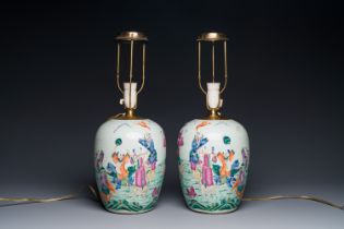 A pair of Chinese famille rose 'eight immortals' jars mounted as lamps, 19th C.