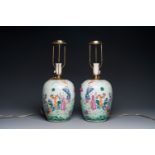 A pair of Chinese famille rose 'eight immortals' jars mounted as lamps, 19th C.