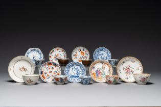 Nine Chinese blue and white, famille rose et Imari-style cups and saucers, Kangxi/Qianlong