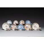 Nine Chinese blue and white, famille rose et Imari-style cups and saucers, Kangxi/Qianlong