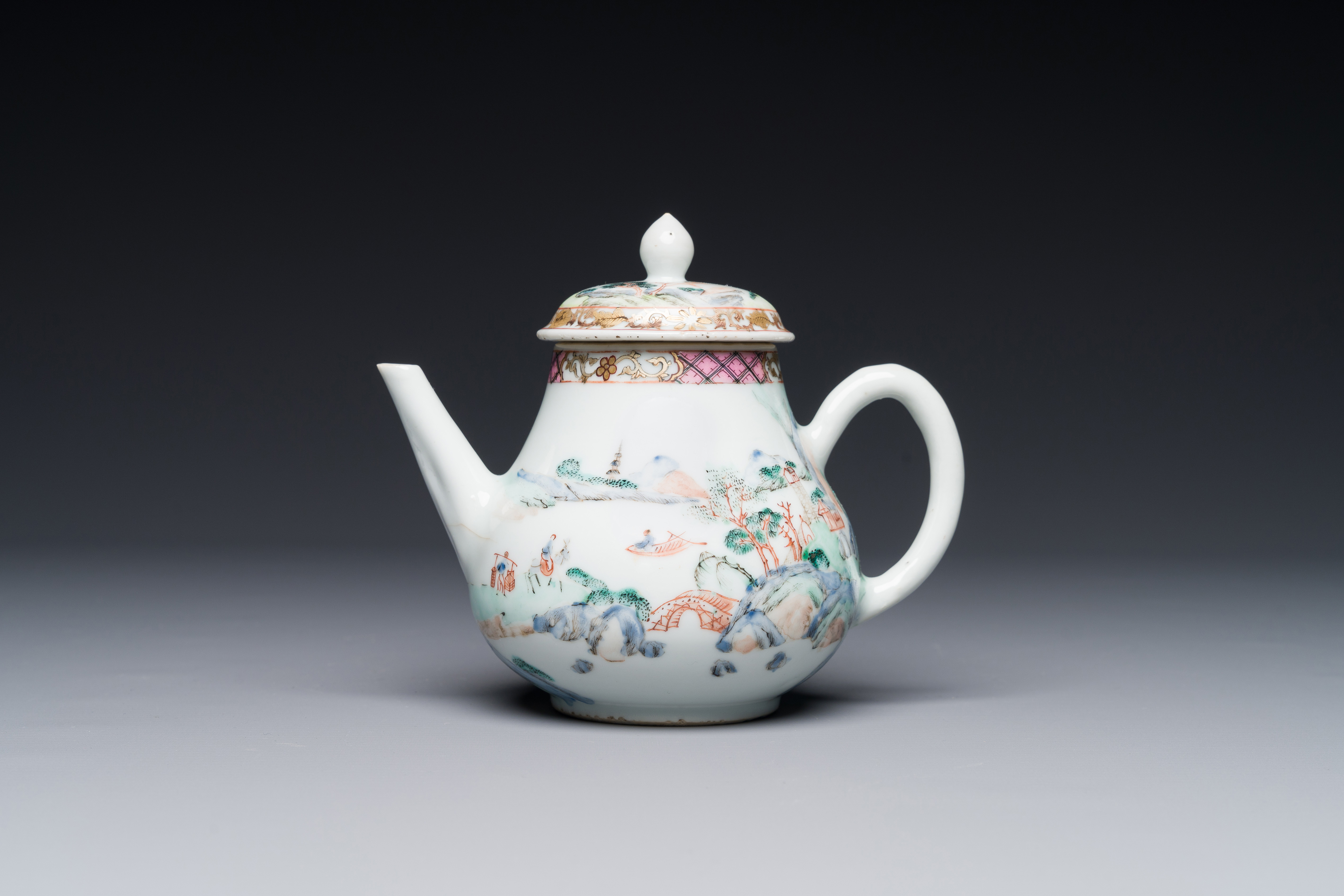 A Chinese famille rose teapot with landscape design, Yongzheng