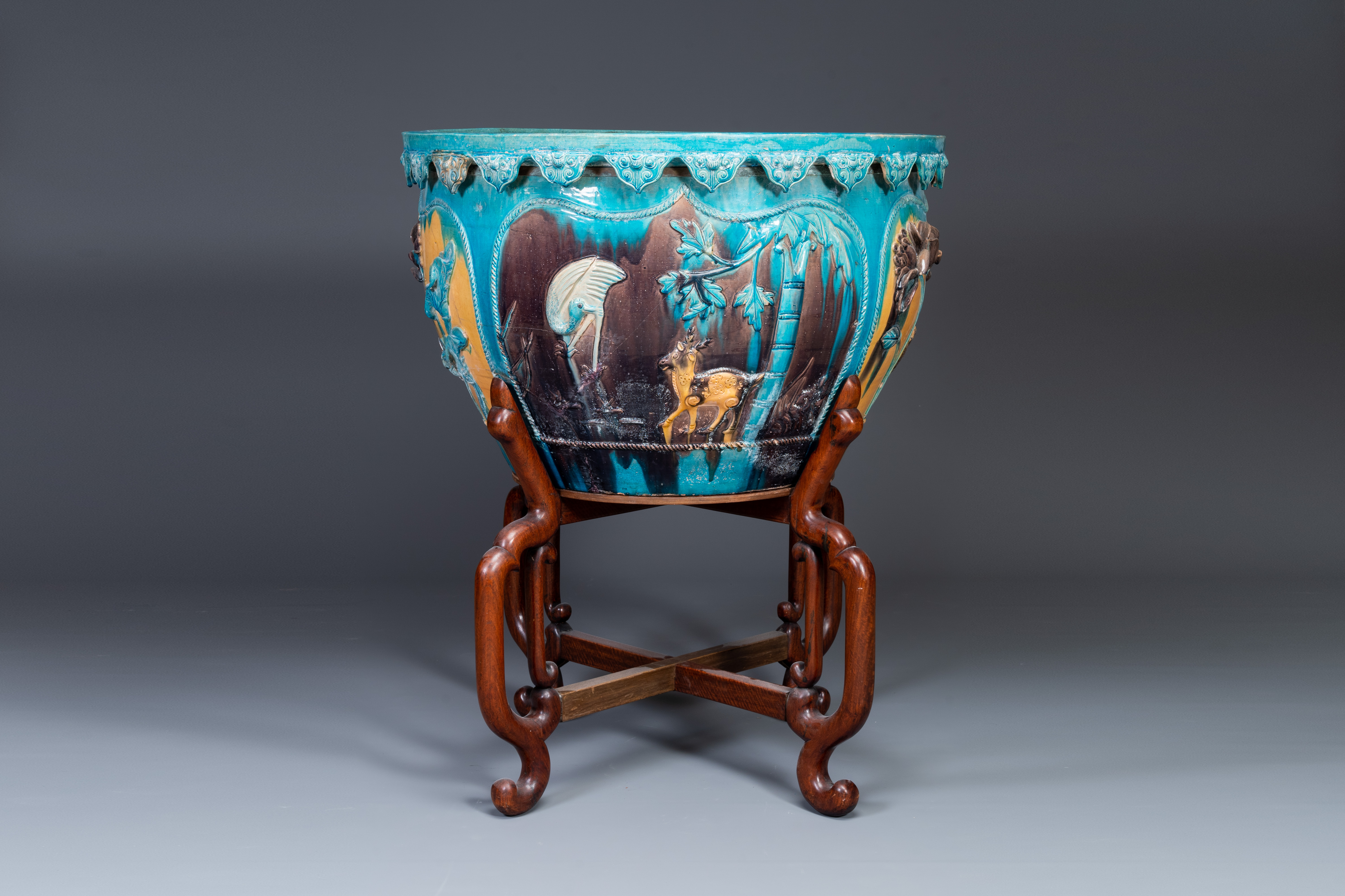 A large Chinese Fahua fish bowl with applied design of birds and deer among flowering branches, Ming - Image 3 of 8