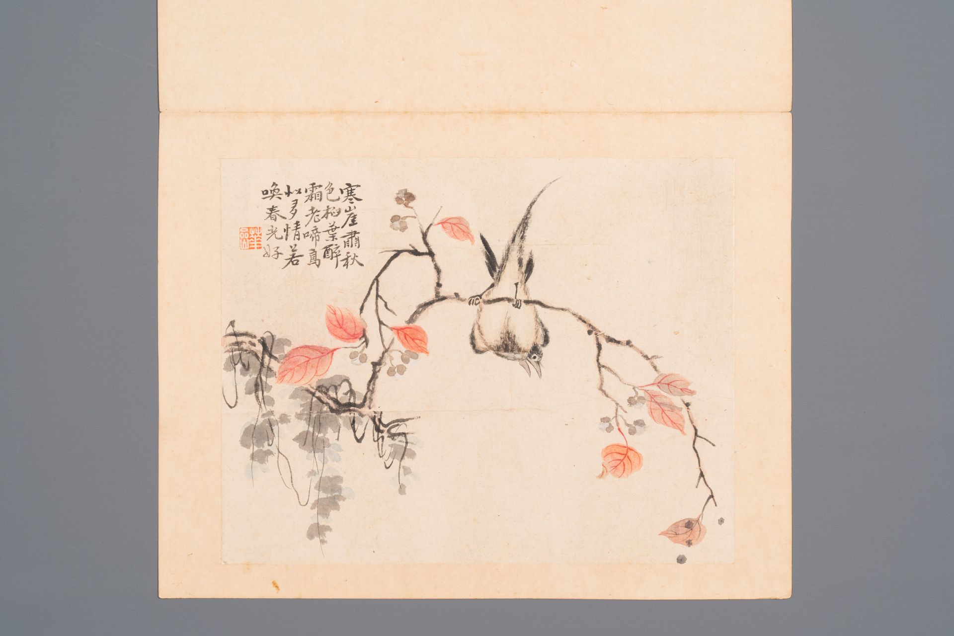 Chinese school: Six works with birds, flowers and fruits, ink and colour on paper, 19/20th C. - Bild 3 aus 9