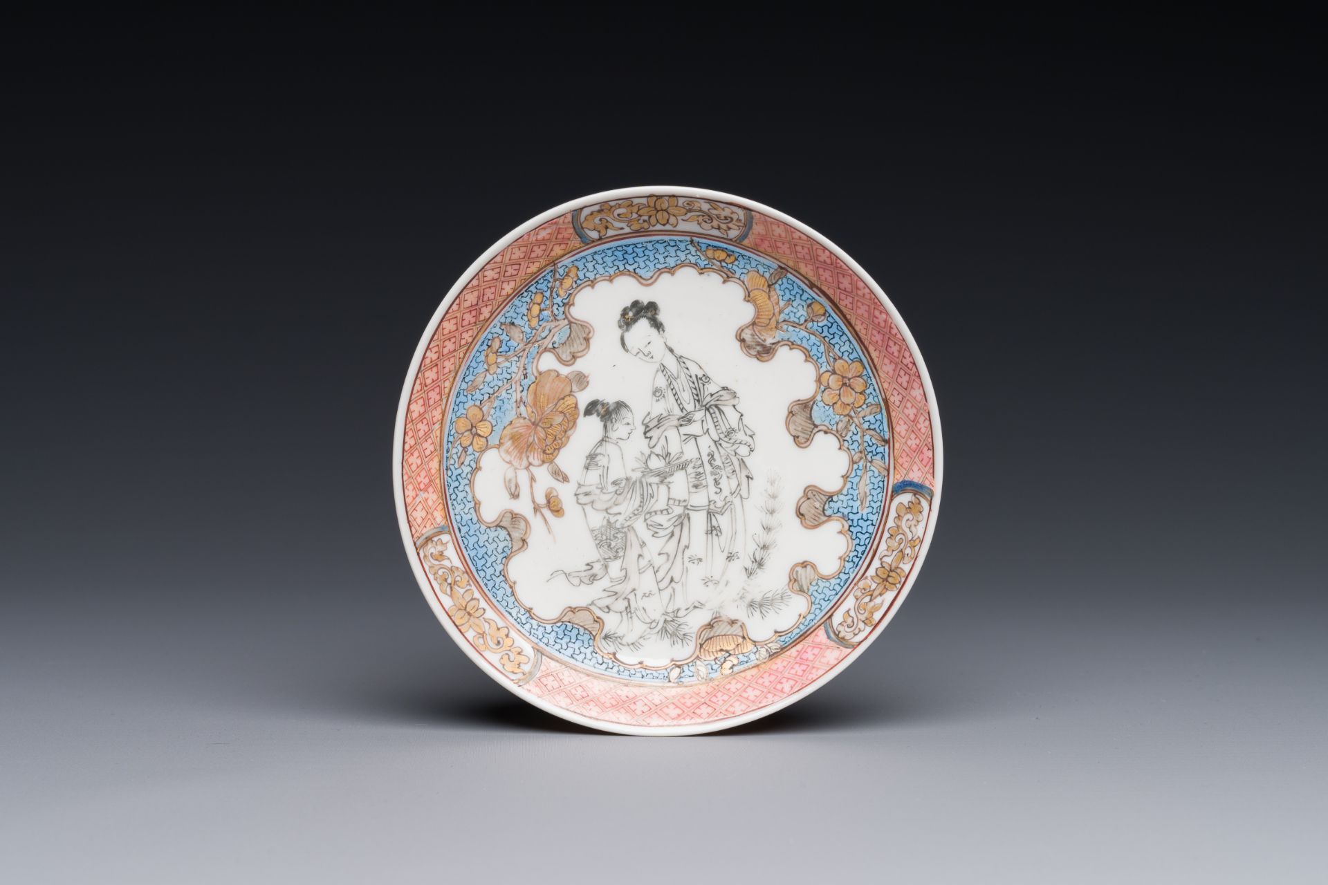 A Chinese famille rose and grisaille 'Xiwangmu receiving a peach' cup and saucer, Yongzheng - Image 2 of 6