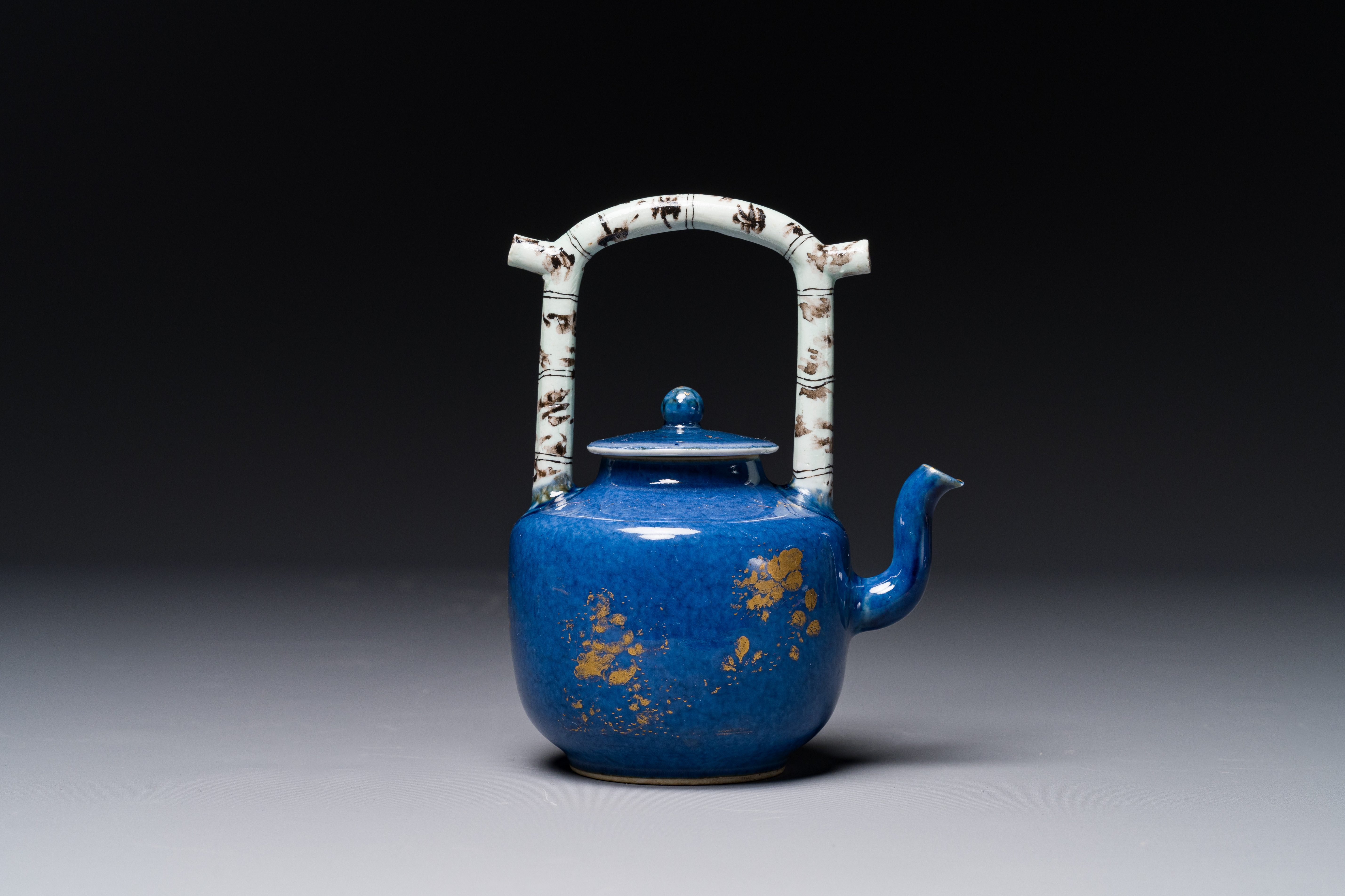 A Chinese gilt-decorated powder-blue teapot and cover with a faux-bamboo handle, Kangxi - Image 3 of 5