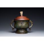 A Chinese unusual archaistic bronze censer with wooden cover, 'gui', Song