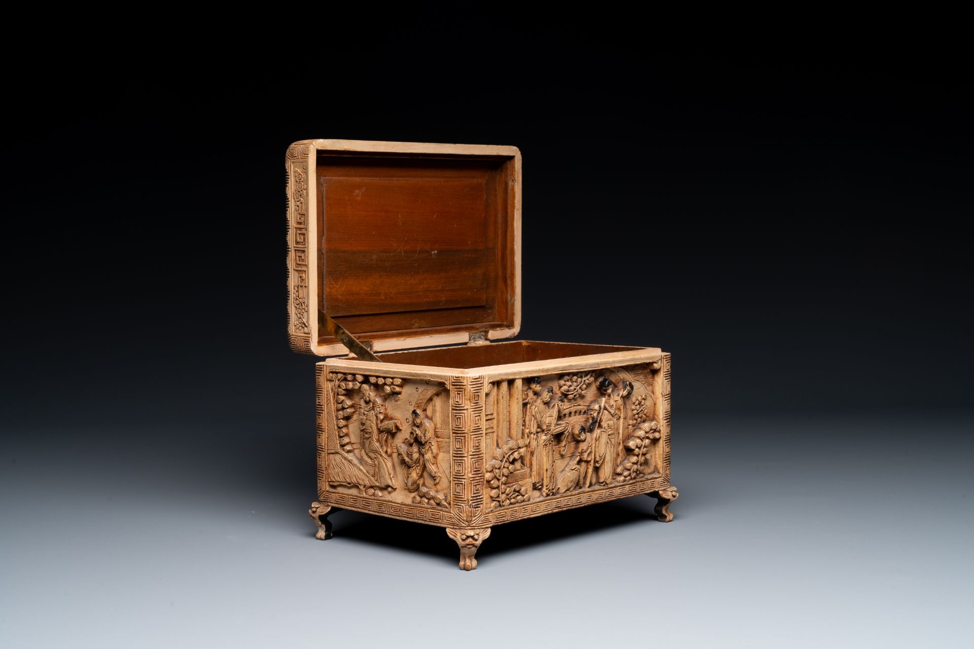 A Chinese Canton carved wooden casket with a famille rose plaque, Republic - Image 2 of 8