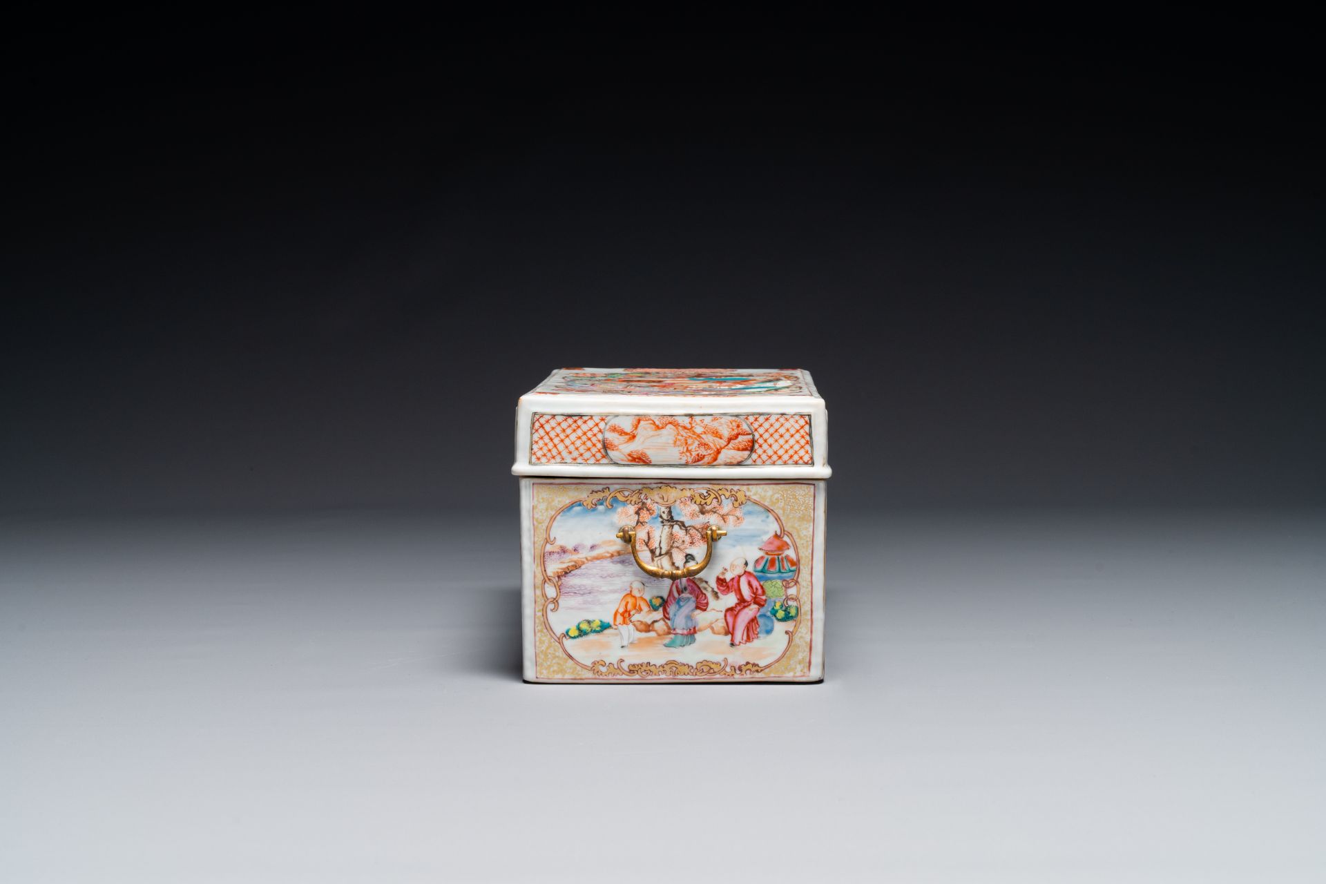 An extremely rare Chinese Canton famille rose 'mandarin subject' tea casket or chest with gilt bronz - Image 7 of 9