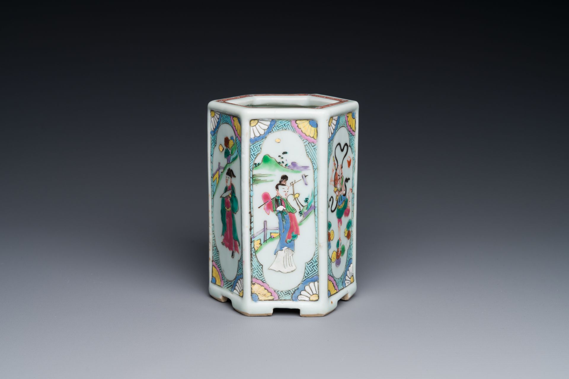 A Chinese hexagonal famille rose brush pot, Yongzheng