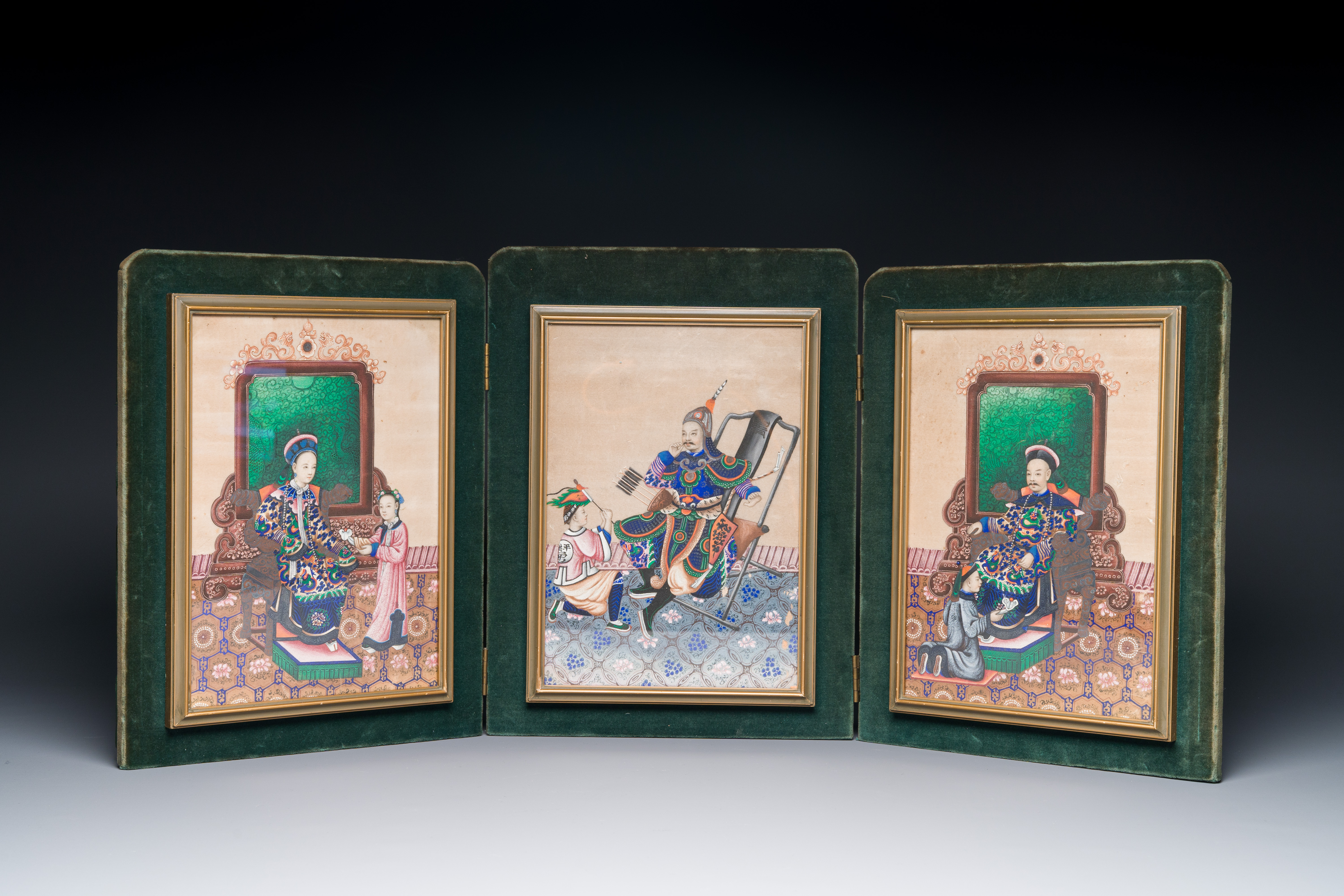 Three Chinese Canton rice paper paintings in a triptych frame, 19th C.