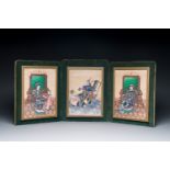 Three Chinese Canton rice paper paintings in a triptych frame, 19th C.
