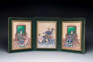 Three Chinese Canton rice paper paintings in a triptych frame, 19th C.