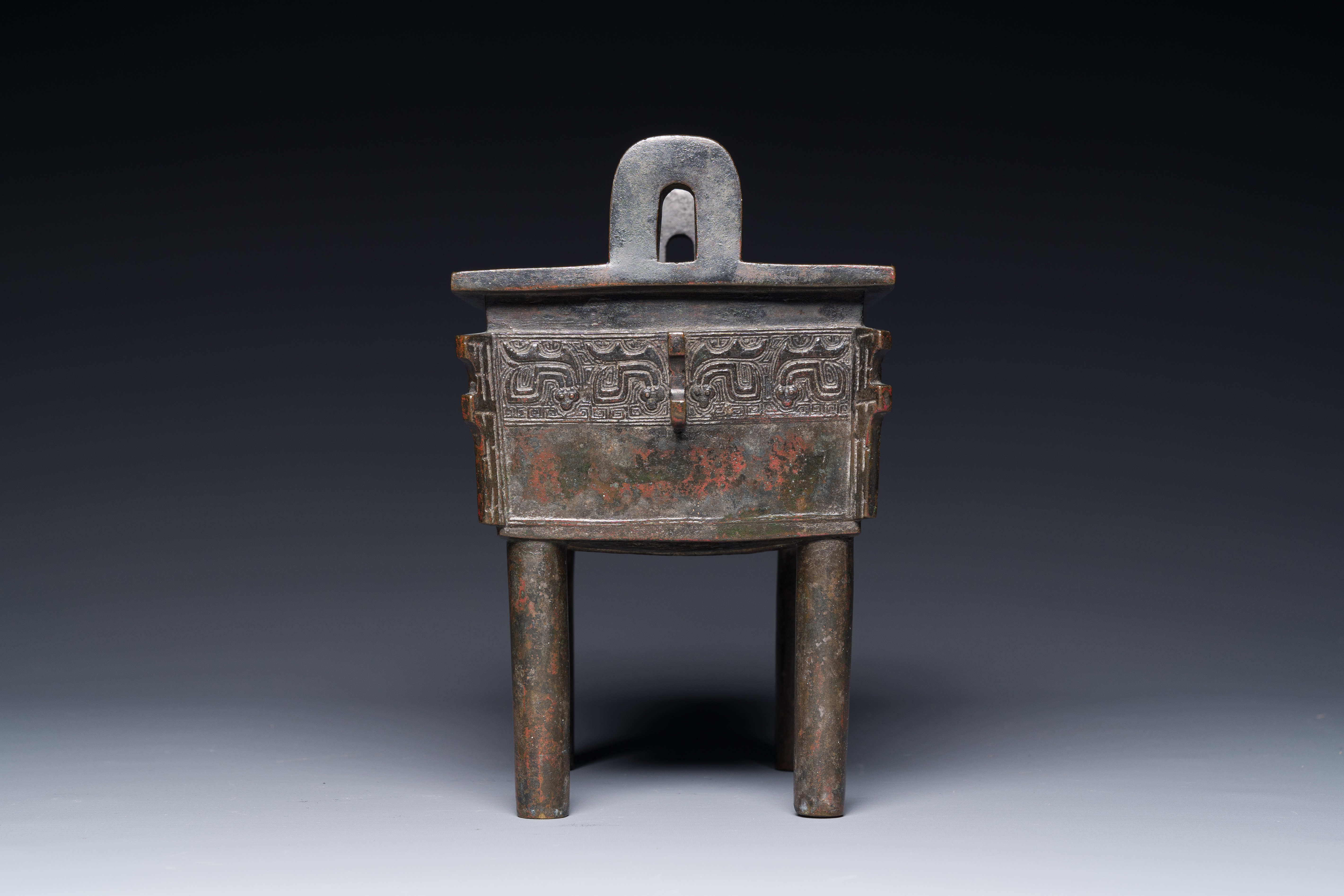 A Chinese Western Zhou-style rectangular bronze 'fangding' censer, Ming - Image 4 of 8