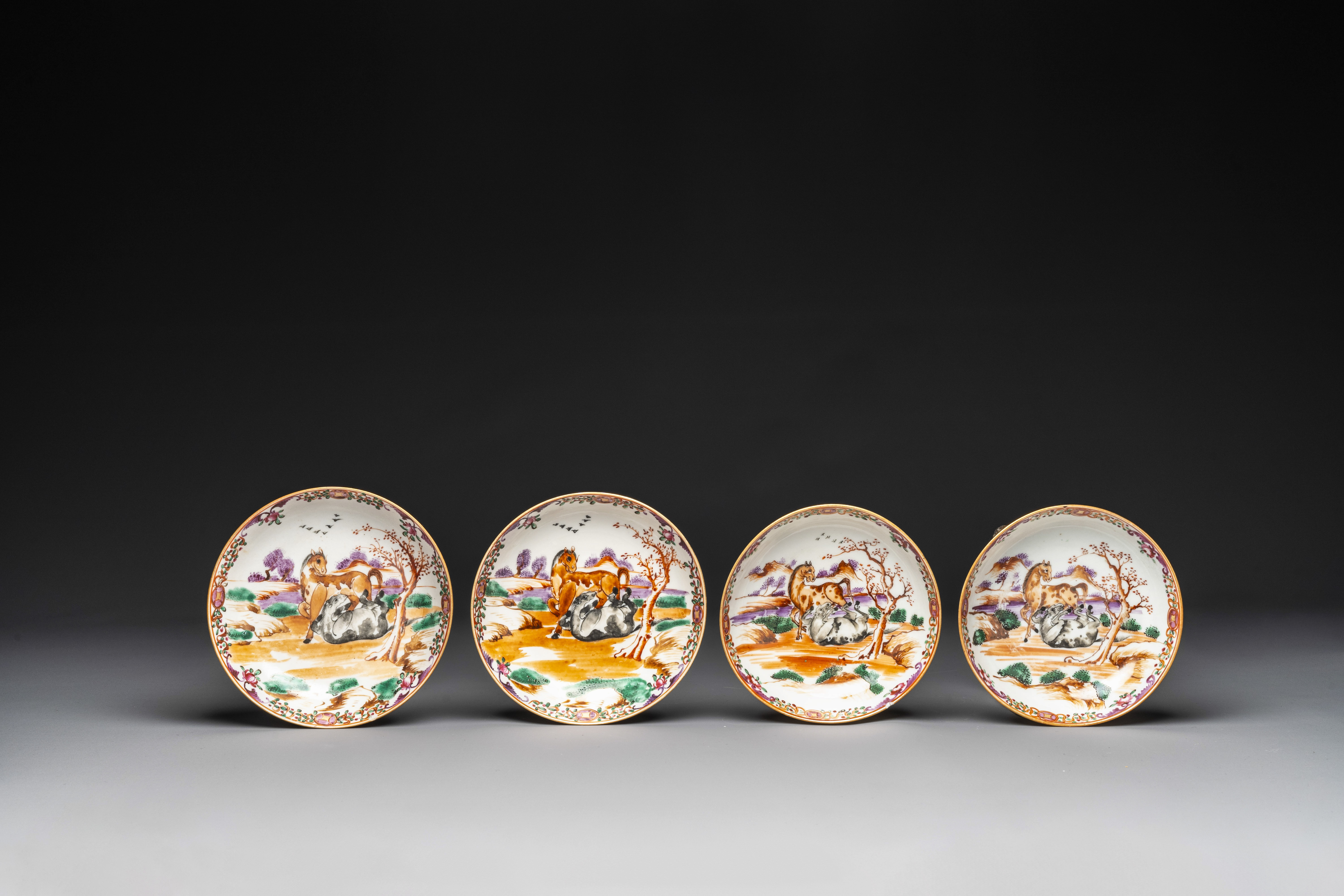 Four Chinese famille rose cups and saucers and an ewer with design of two horses, Qianlong - Image 2 of 15