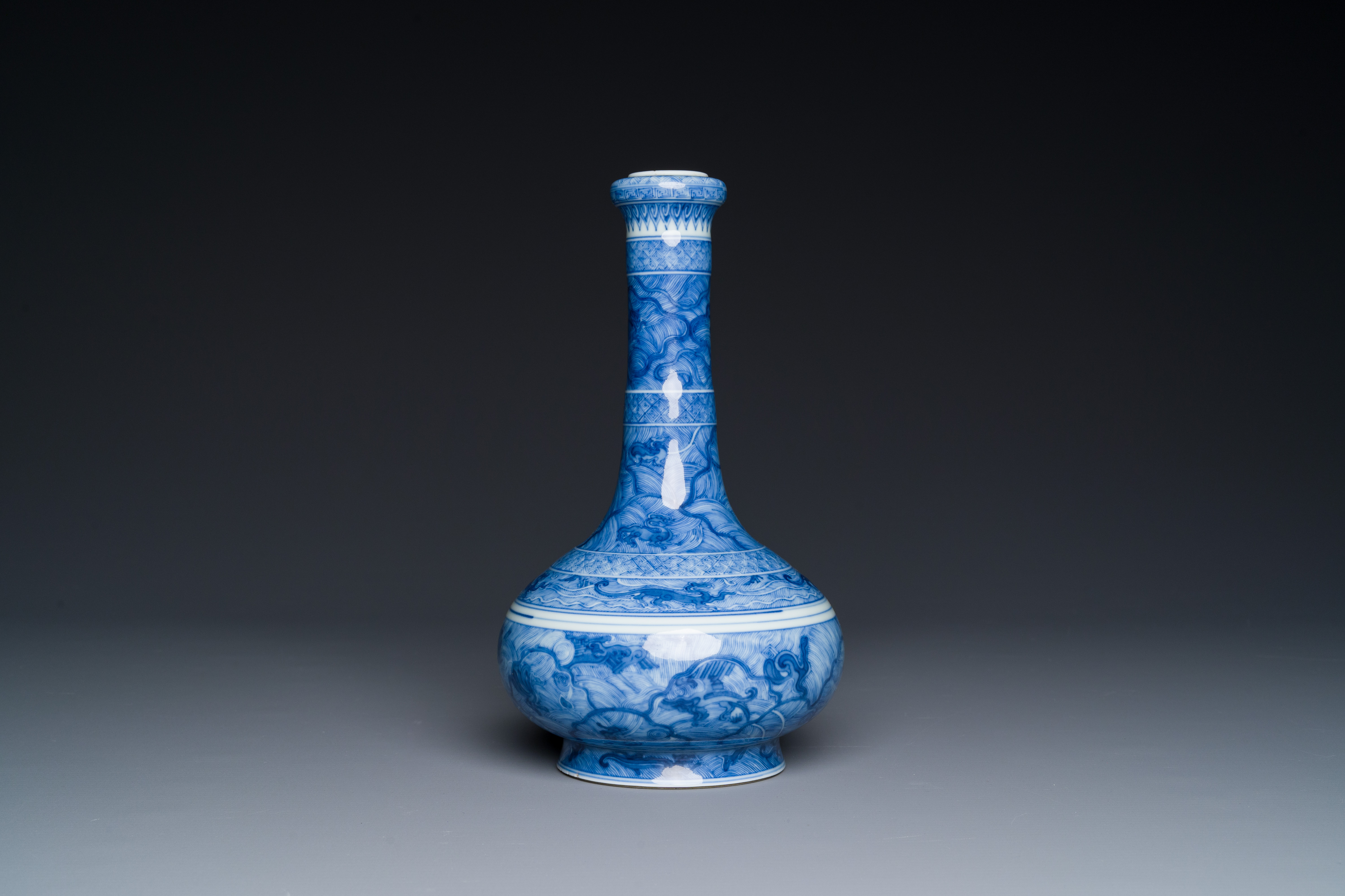 An exceptional Chinese blue and white 'mythic animals' garlic-mouth bottle vase on wooden stand, Kan - Image 3 of 10
