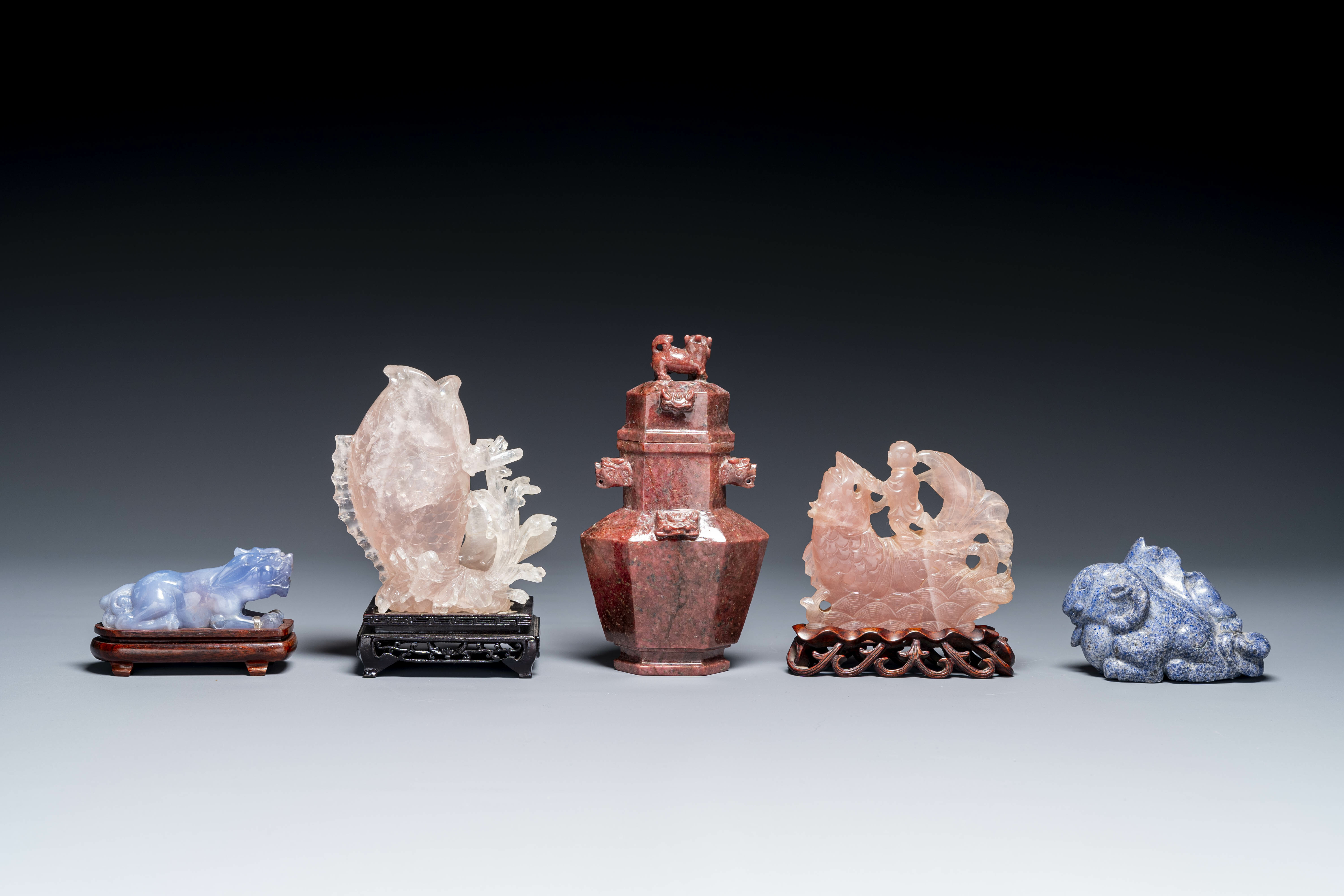 A group of Chinese carvings in lapis lazuli, pink quartz and other precious stones, with several sta - Image 3 of 8