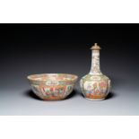 A Chinese Canton famille rose bowl and a covered bottle vase, 19th C.