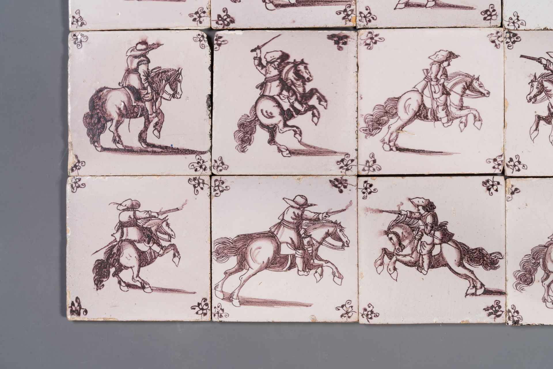 Fifteen Dutch Delft manganese tiles with horse riders, late 17th C. - Image 13 of 13