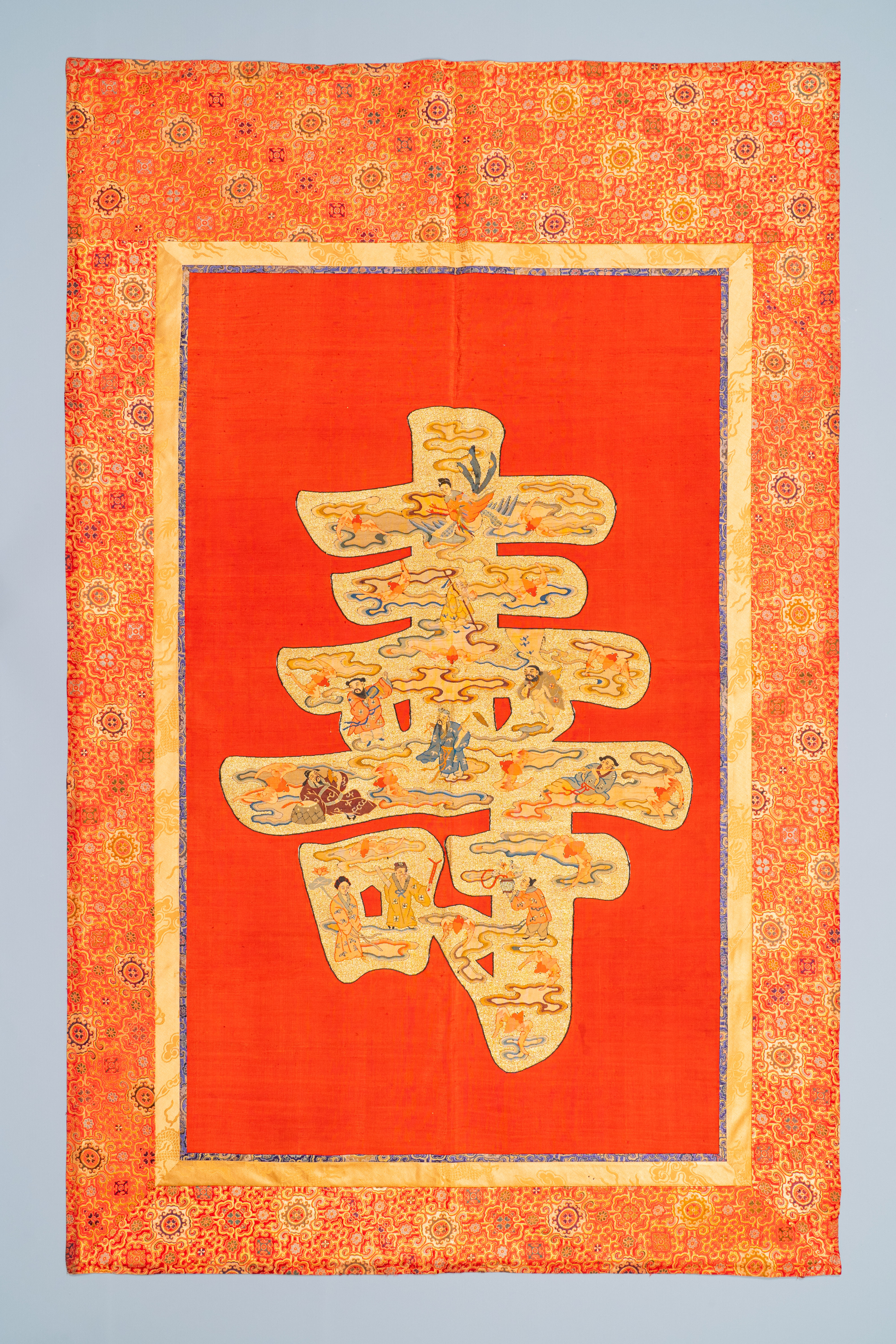 Three Chinese embroidered silk cloths with figural designs, 19/20th C. - Image 7 of 16