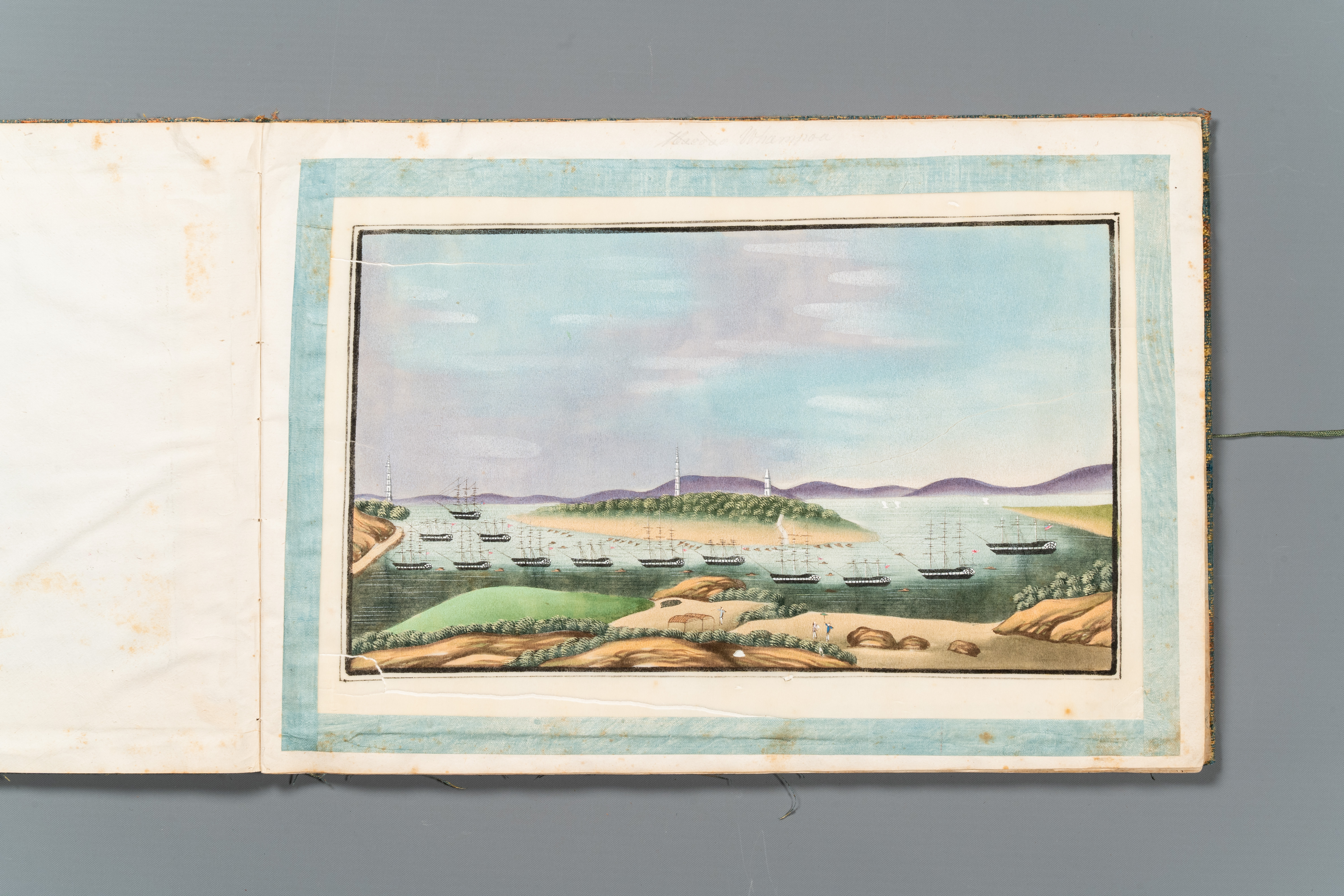 A rare album with Chinese rice paper paintings of 'Hong' views, figures and ships, Canton, Foekhing - Image 2 of 14