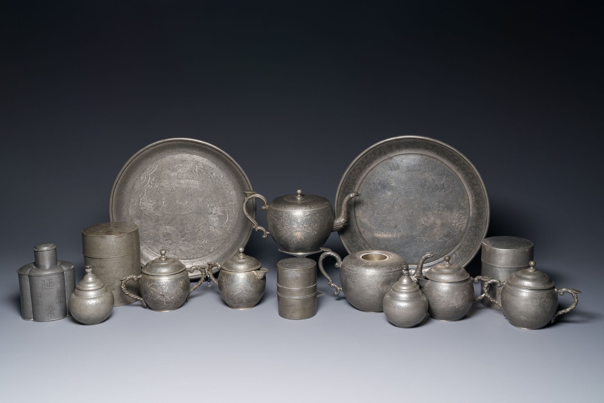 A group of fourteen Chinese Swatow paktong tea wares, 19/20th C.