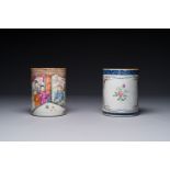 Two Chinese famille rose mugs with figurative and floral decor, Qianlong