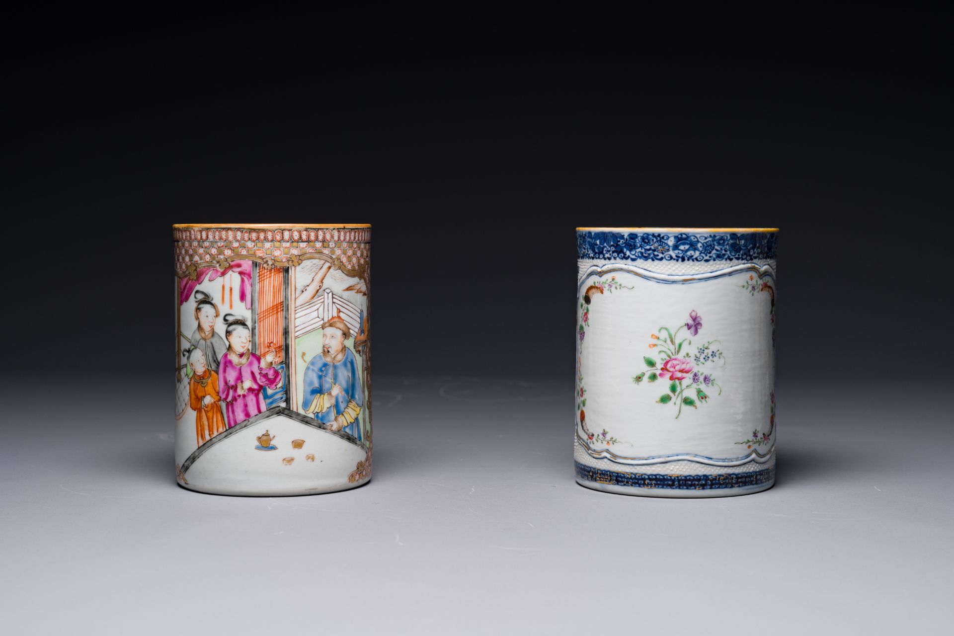 Two Chinese famille rose mugs with figurative and floral decor, Qianlong