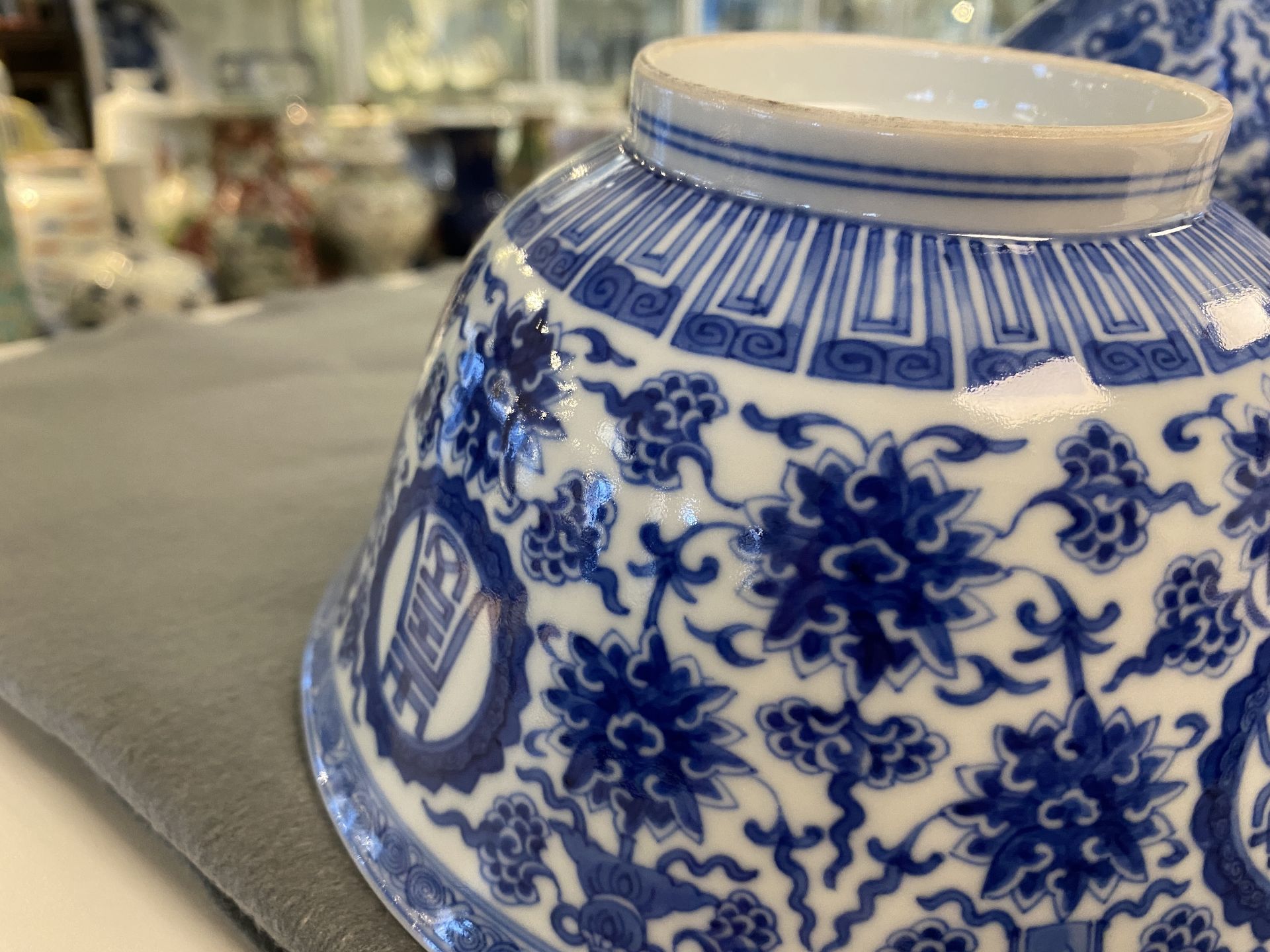 A pair of Chinese blue and white 'wan shou wu jiang' bowls, Qianlong mark and of the period - Image 14 of 40