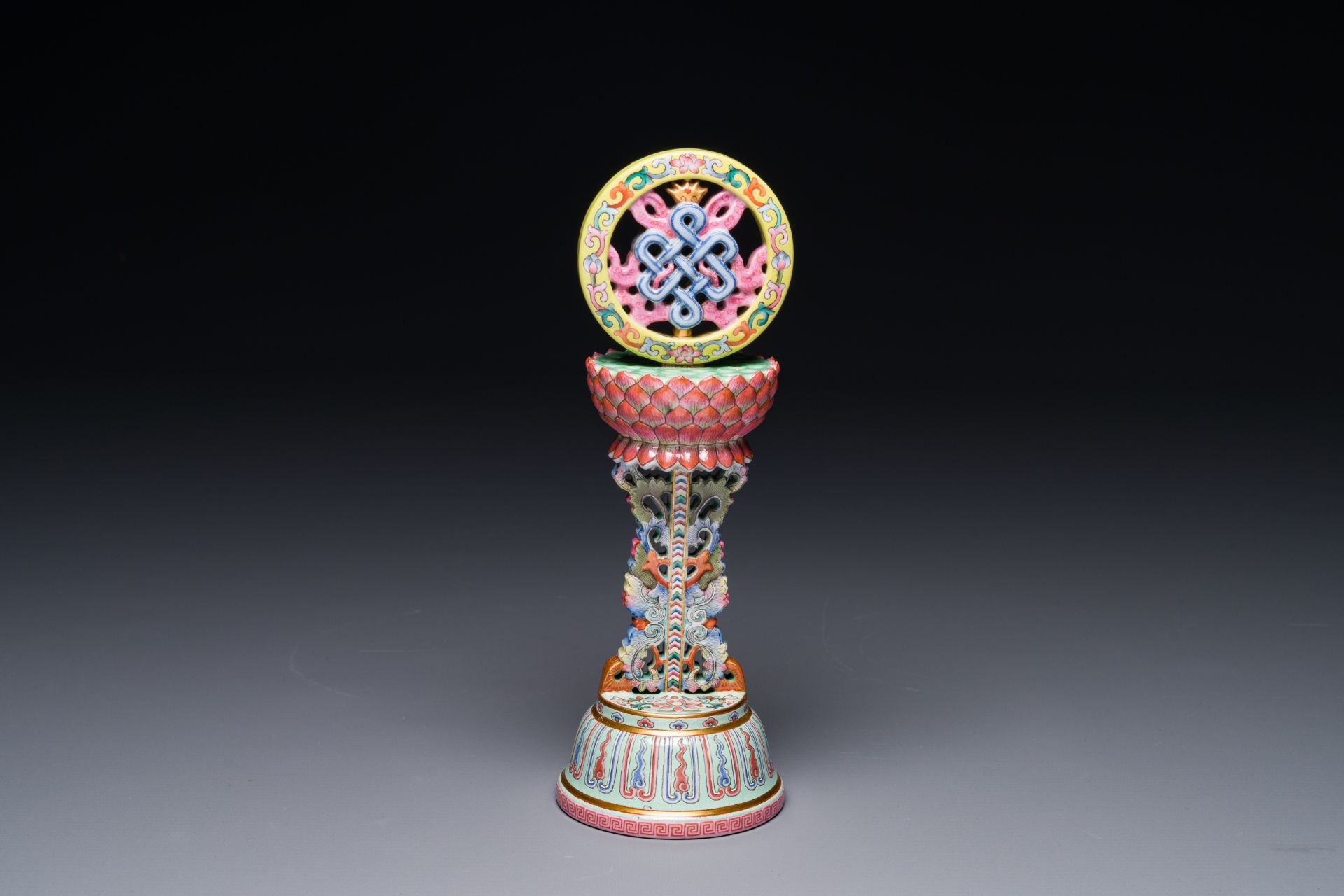 A rare Chinese famille rose Buddhist emblem altar ornament, Qianlong mark and of the period - Image 3 of 5