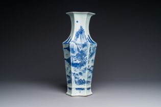 A Chinese blue and white double lozenge-shaped vase with a mountainous river landscape, 19th C.