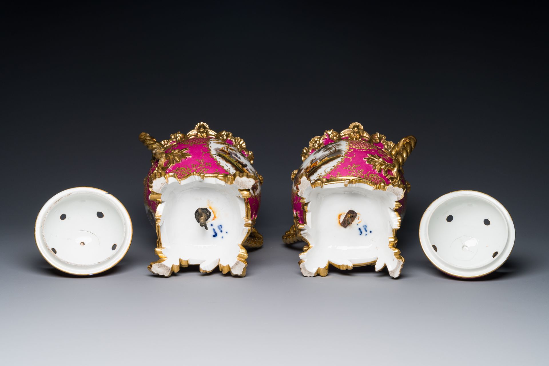 A pair of French parcel-gilt polychrome pink-ground porcelain potpourri vases, Jacob Petit, Paris, 1 - Image 7 of 7