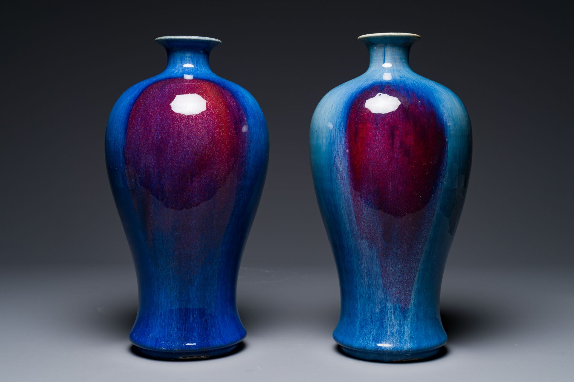 A pair of Chinese flambe-glazed 'meiping' vases, 18th C.