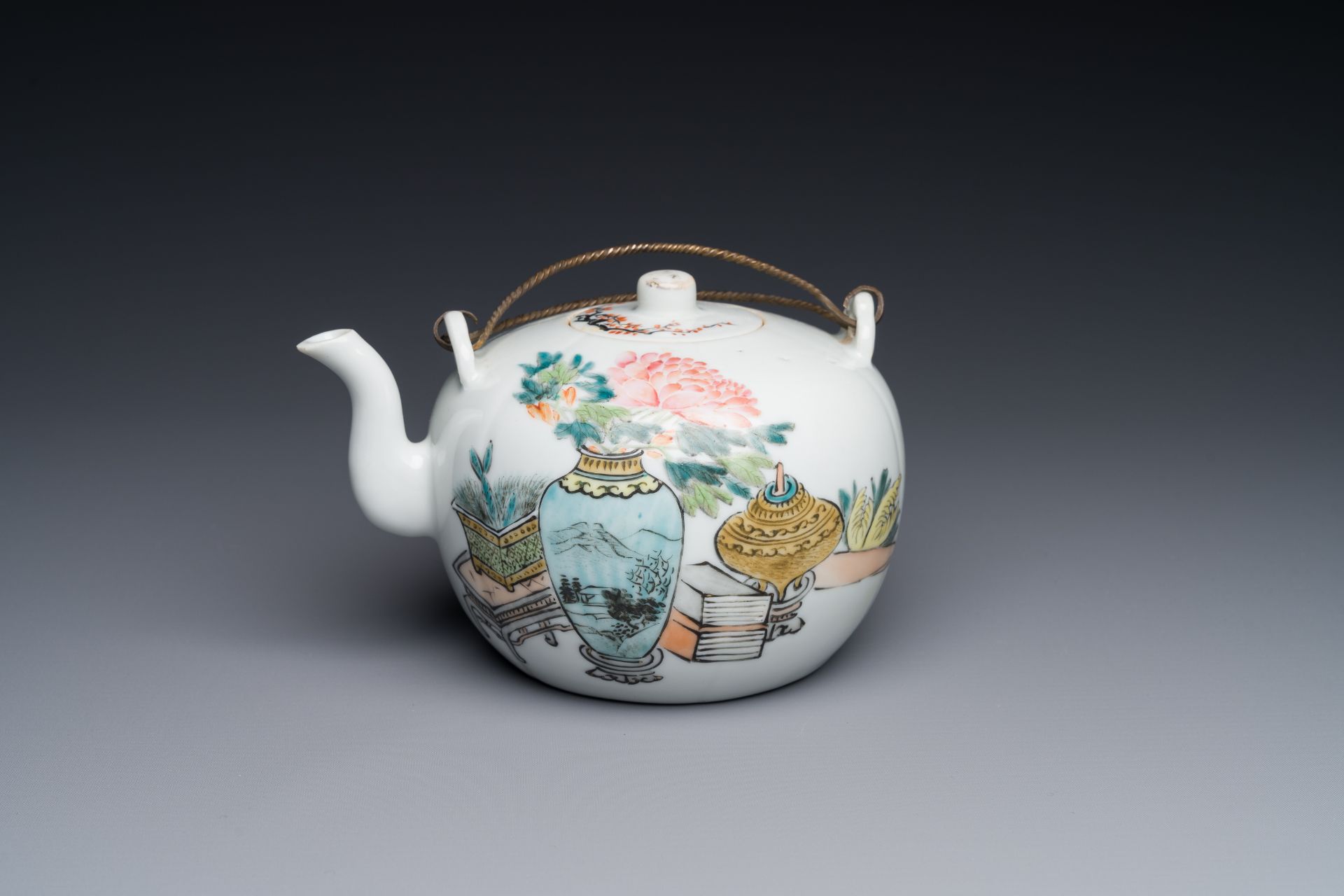 A Chinese qianjiang cai 'antiquities' teapot, Xu Pinheng è¨±å“è¡¡ signed, Tongzhi mark, dated 1889