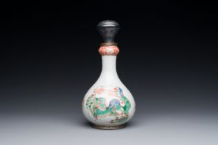 A Chinese famille verte 'qilin' vase with silver mounts, Kangxi