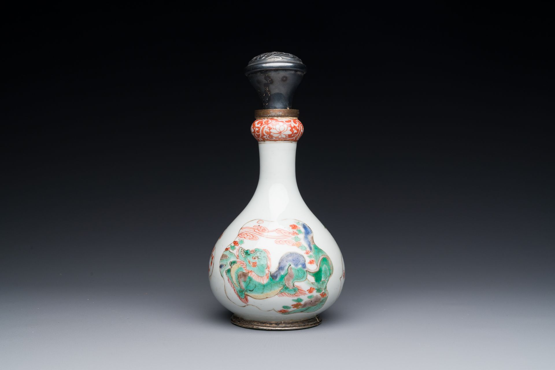 A Chinese famille verte 'qilin' vase with silver mounts, Kangxi