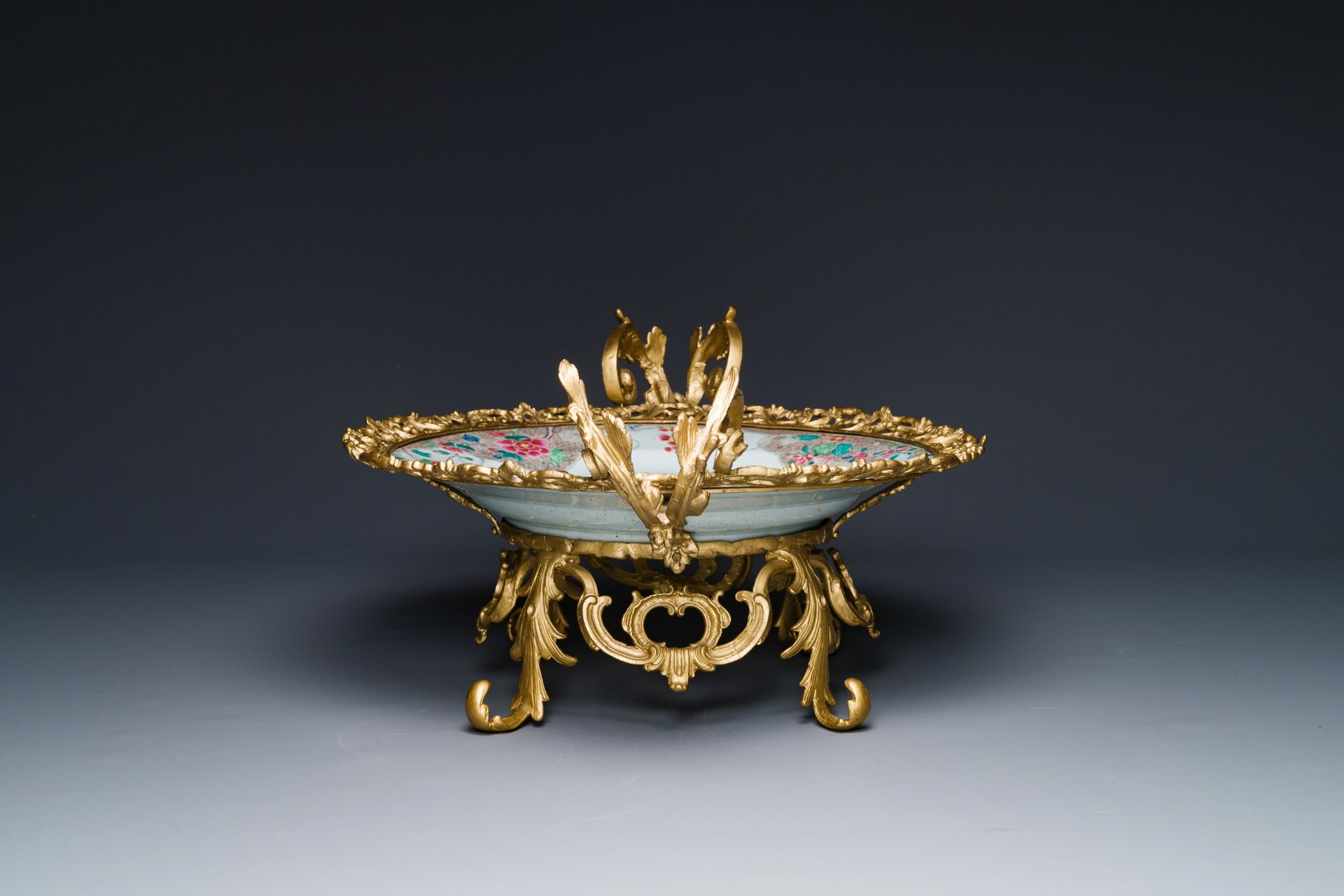 A Chinese famille rose 'flower basket' dish with gilt bronze mount, Yongzheng - Image 4 of 4