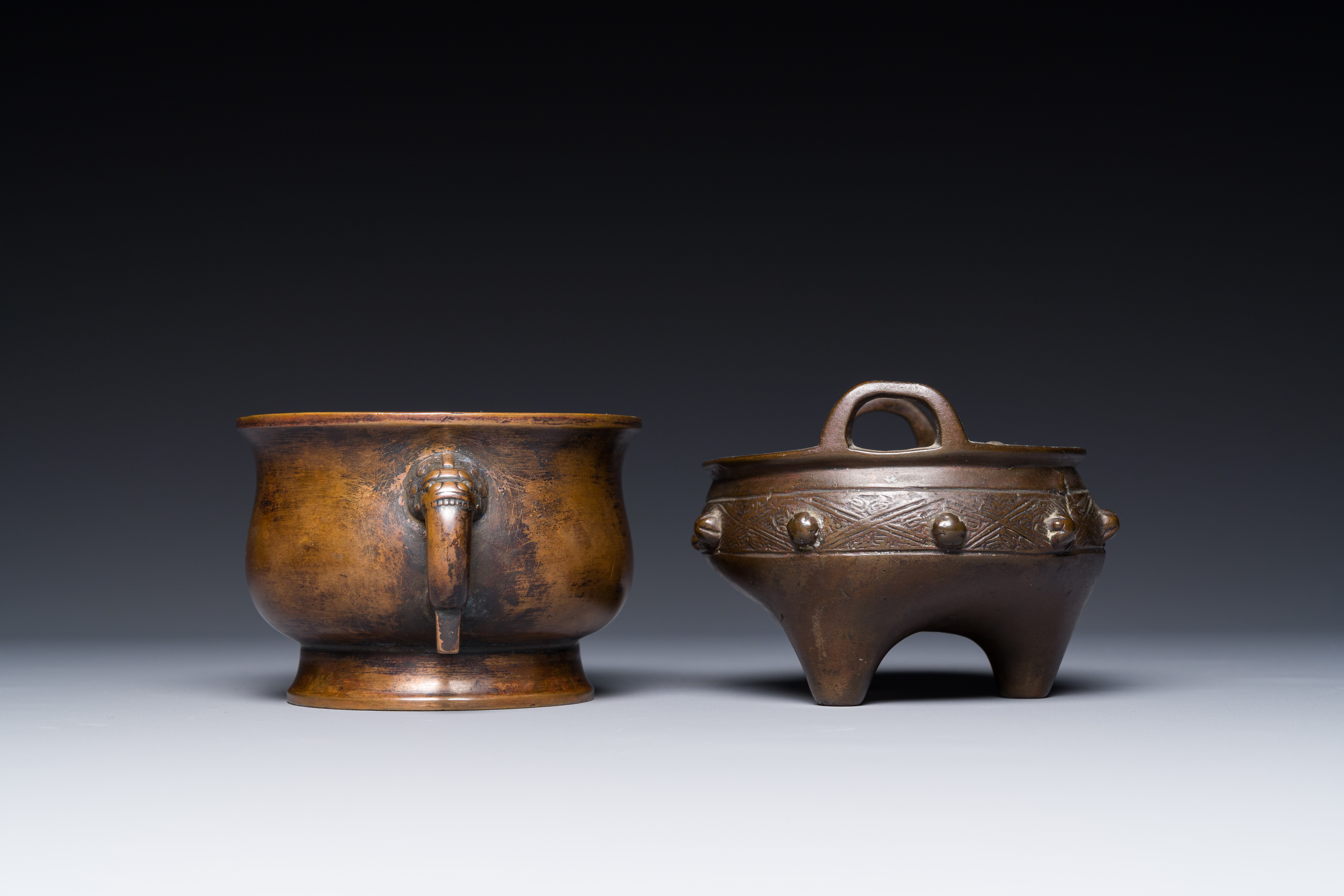 Two Chinese bronze censers, Xuande mark, Yuan/Ming - Image 5 of 7