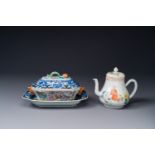 A Chinese Canton famille rose 'mandarin subject' tureen and cover on stand and a teapot and cover, Q